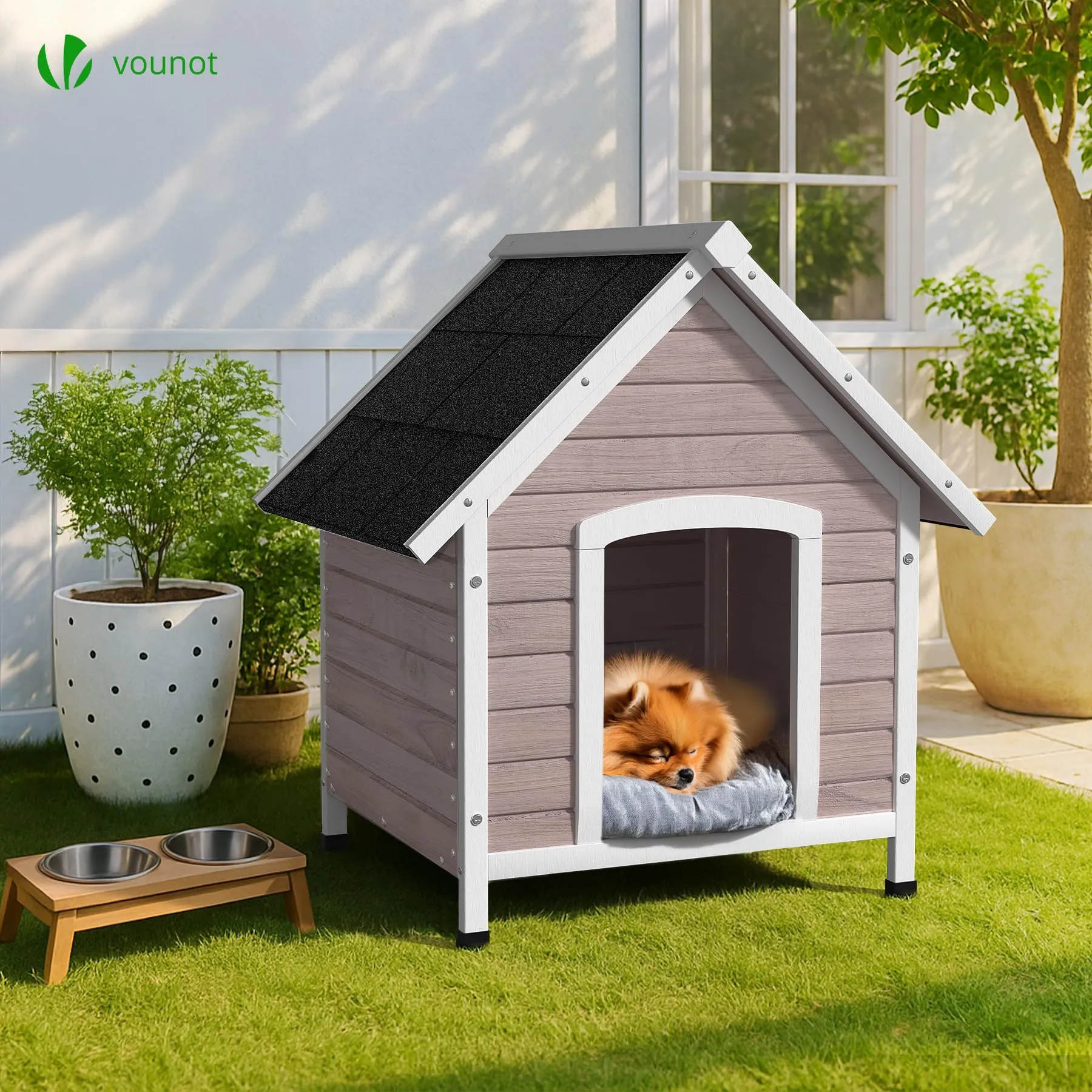 VOUNOT® Cuccia Cane da Esterno in Legno, Cucce per Cani con Tetto Spiovente Impermeabile, Pavimento Removibile e Piedi Antiscivolo, Casetta Robusta per Cani di Taglia Media, 72x65x83cm, Grigio - immagine 2