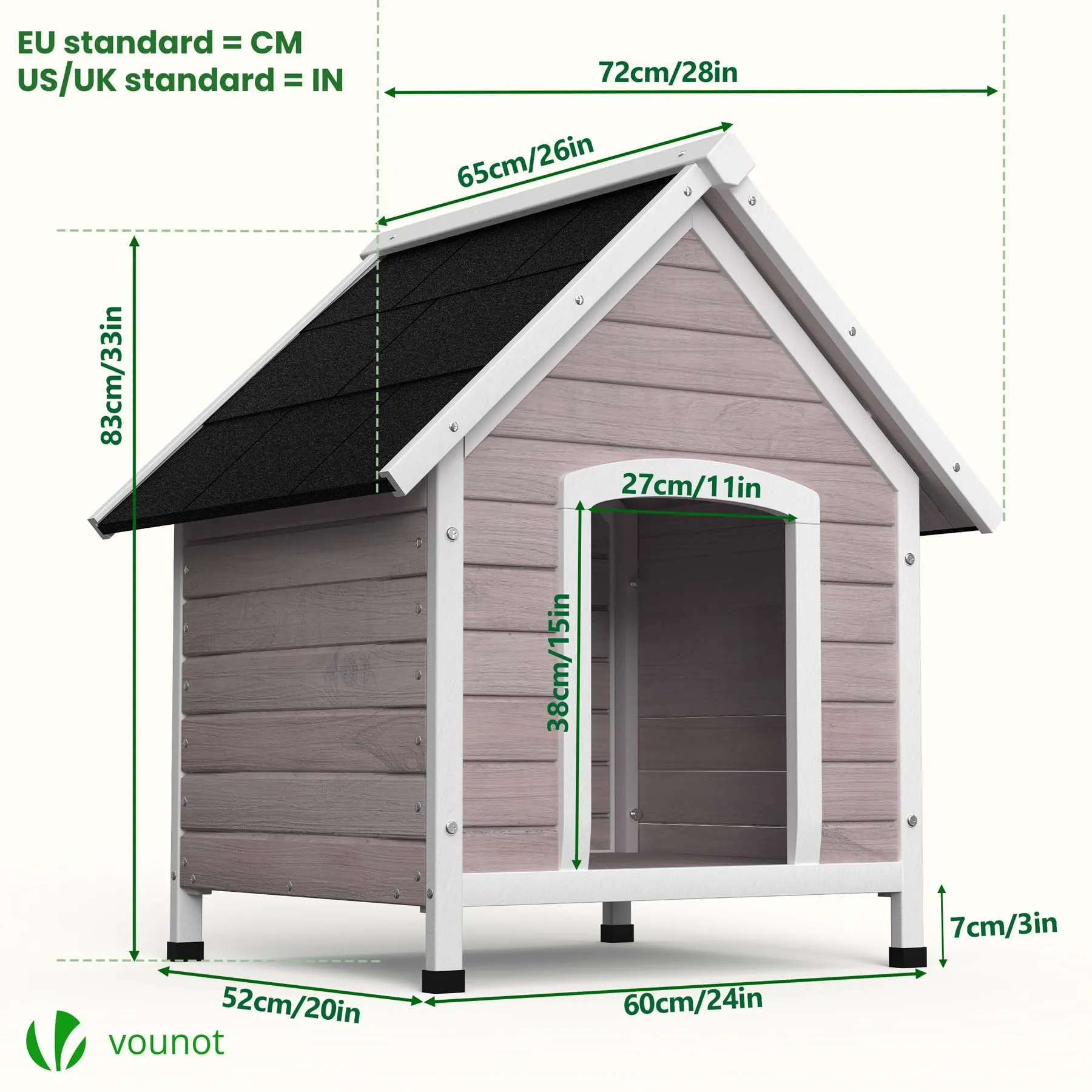 VOUNOT® Cuccia Cane da Esterno in Legno, Cucce per Cani con Tetto Spiovente Impermeabile, Pavimento Removibile e Piedi Antiscivolo, Casetta Robusta per Cani di Taglia Media, 72x65x83cm, Grigio - immagine 3