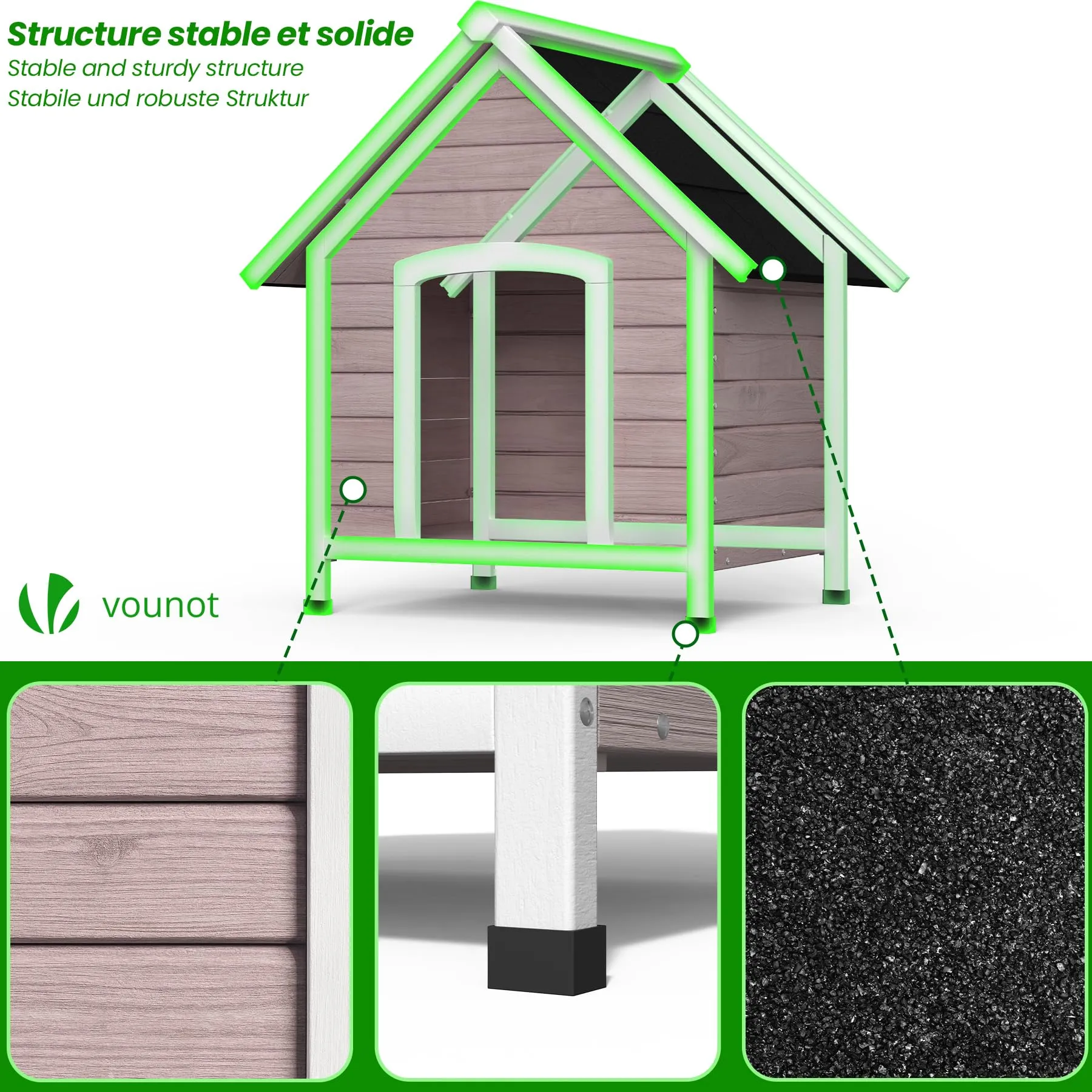 VOUNOT® Cuccia Cane da Esterno in Legno, Cucce per Cani con Tetto Spiovente Impermeabile, Pavimento Removibile e Piedi Antiscivolo, Casetta Robusta per Cani di Taglia Media, 72x65x83cm, Grigio - immagine 7