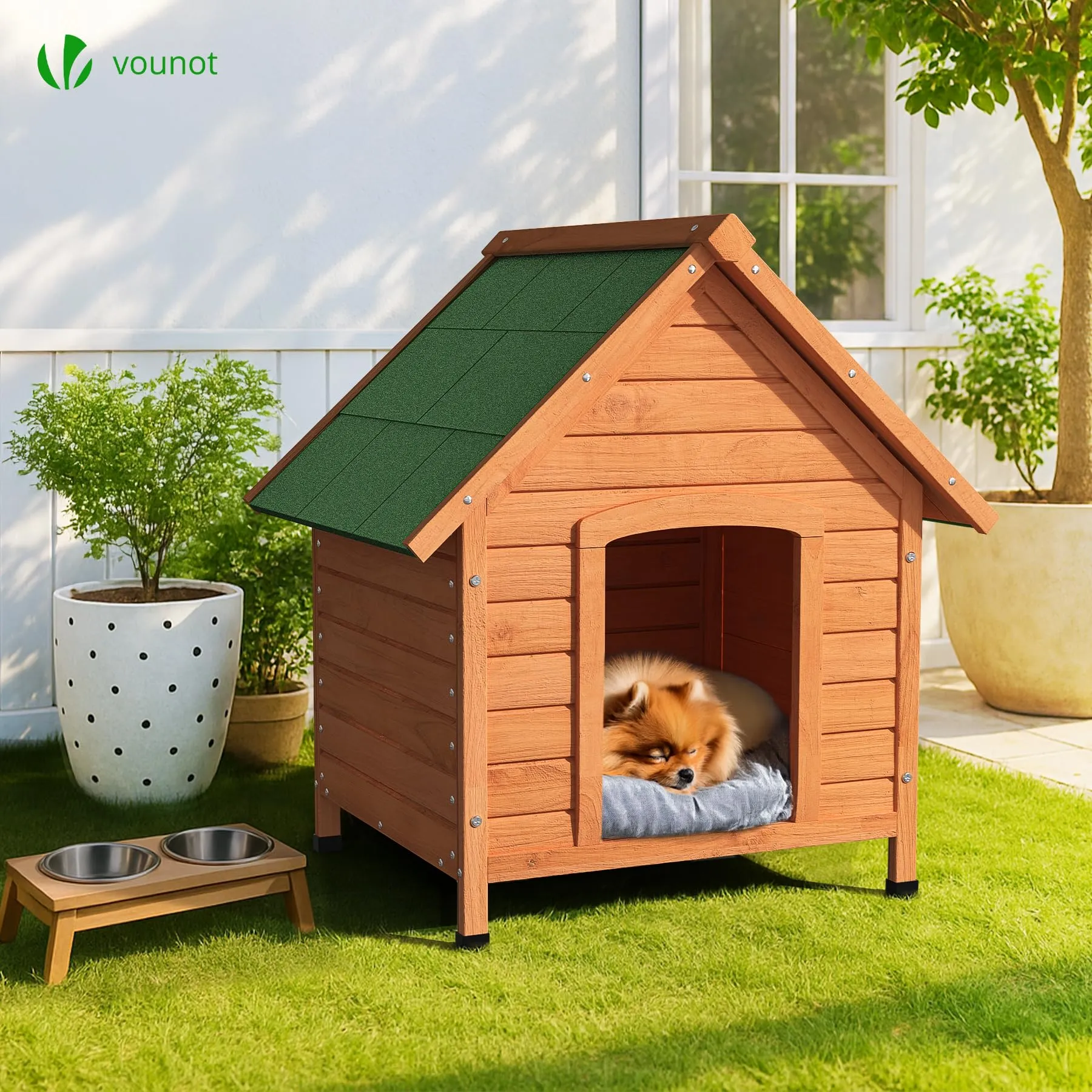 VOUNOT® Cuccia Cane da Esterno in Legno, Cucce per Cani con Tetto Spiovente Impermeabile, Pavimento Removibile e Piedi Antiscivolo, Casetta Robusta per Cani di Taglia Media, 72x65x83cm, Naturale - immagine 2