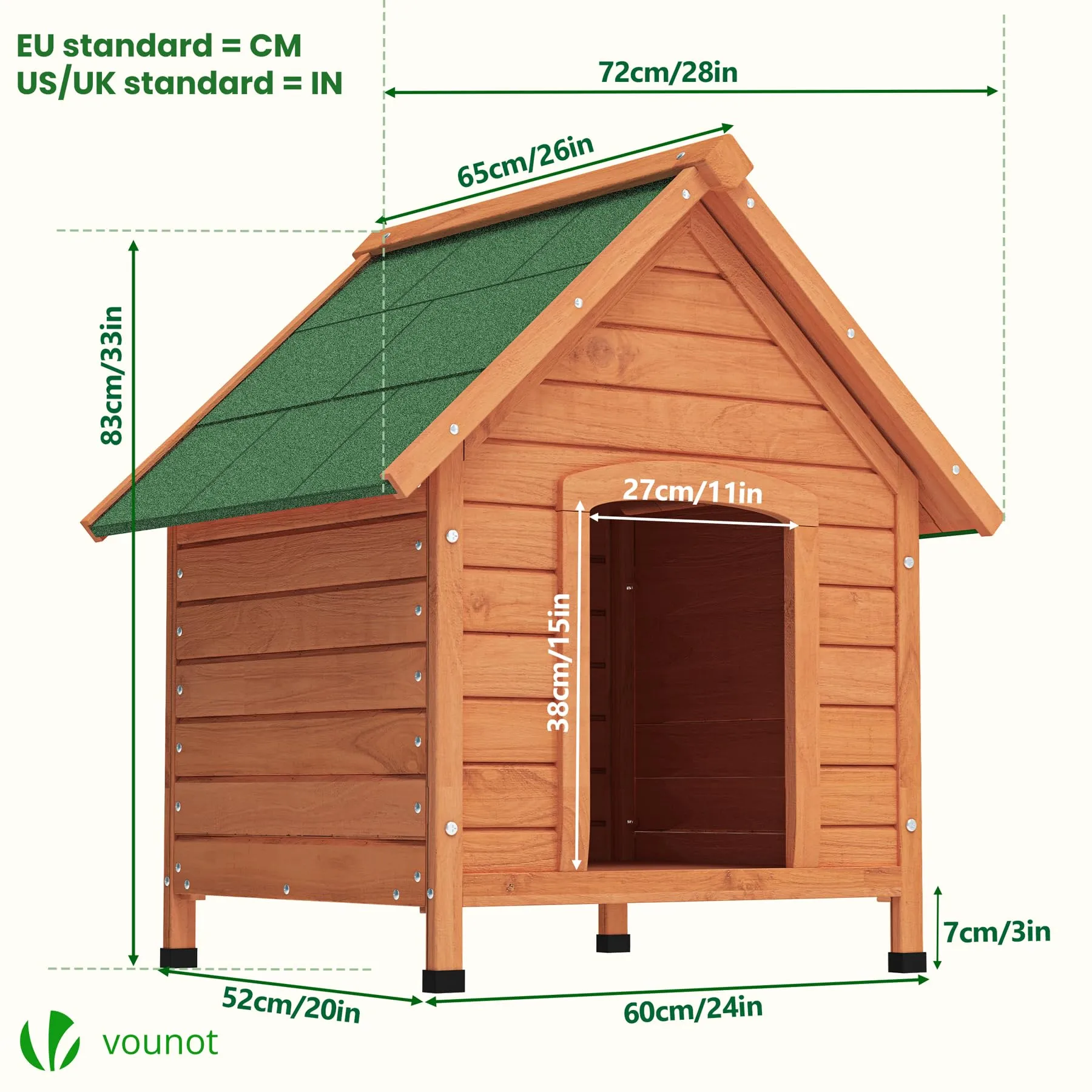 VOUNOT® Cuccia Cane da Esterno in Legno, Cucce per Cani con Tetto Spiovente Impermeabile, Pavimento Removibile e Piedi Antiscivolo, Casetta Robusta per Cani di Taglia Media, 72x65x83cm, Naturale - immagine 3