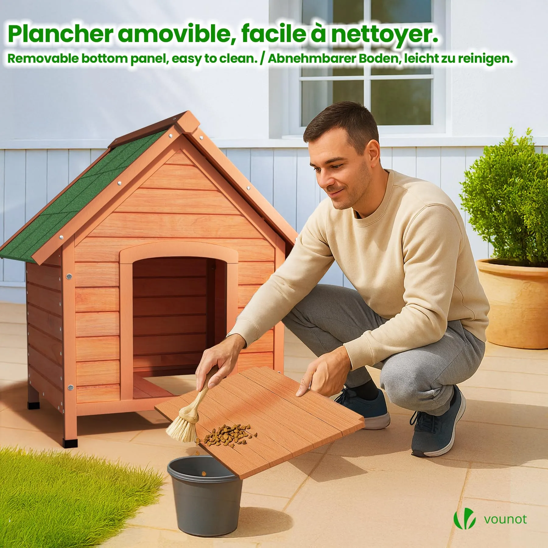 VOUNOT® Cuccia Cane da Esterno in Legno, Cucce per Cani con Tetto Spiovente Impermeabile, Pavimento Removibile e Piedi Antiscivolo, Casetta Robusta per Cani di Taglia Media, 72x65x83cm, Naturale - immagine 6