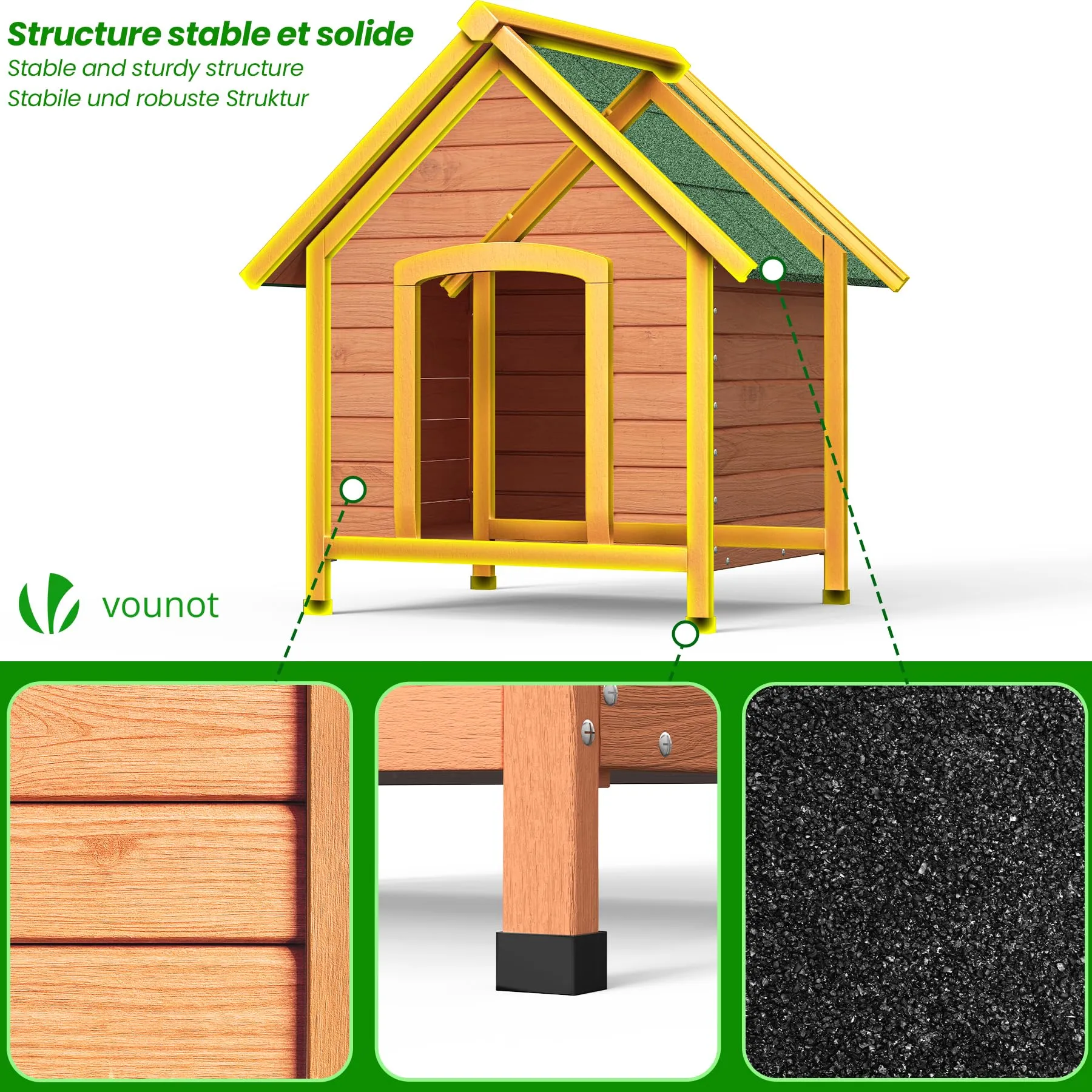 VOUNOT® Cuccia Cane da Esterno in Legno, Cucce per Cani con Tetto Spiovente Impermeabile, Pavimento Removibile e Piedi Antiscivolo, Casetta Robusta per Cani di Taglia Media, 72x65x83cm, Naturale - immagine 7