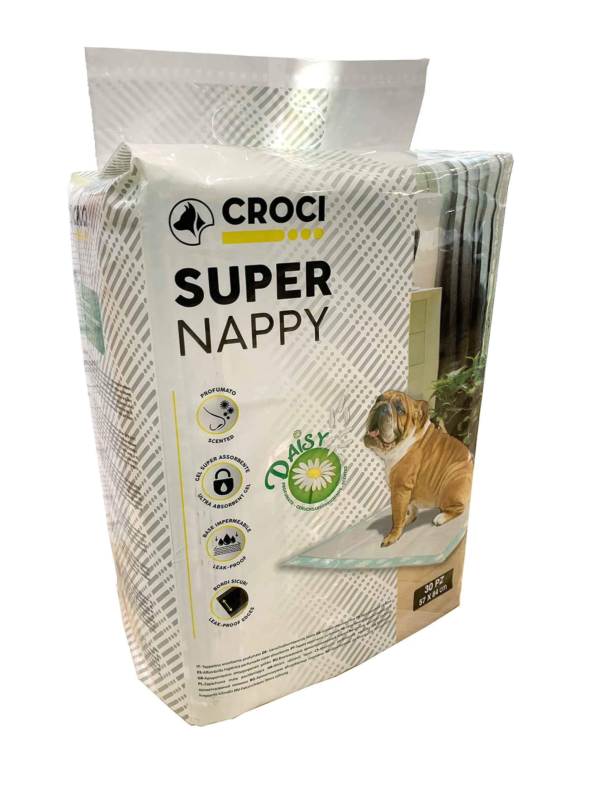 Croci Super Nappy Daisy - Tappetini Igienici per Cani 84X57 cm 30 Pezzi - Traverse Cani e Animali Domestici, per Pipi Cane e Gatto Ultra Assorbenti Usa e Getta, Antiodore e Profumati - immagine 1