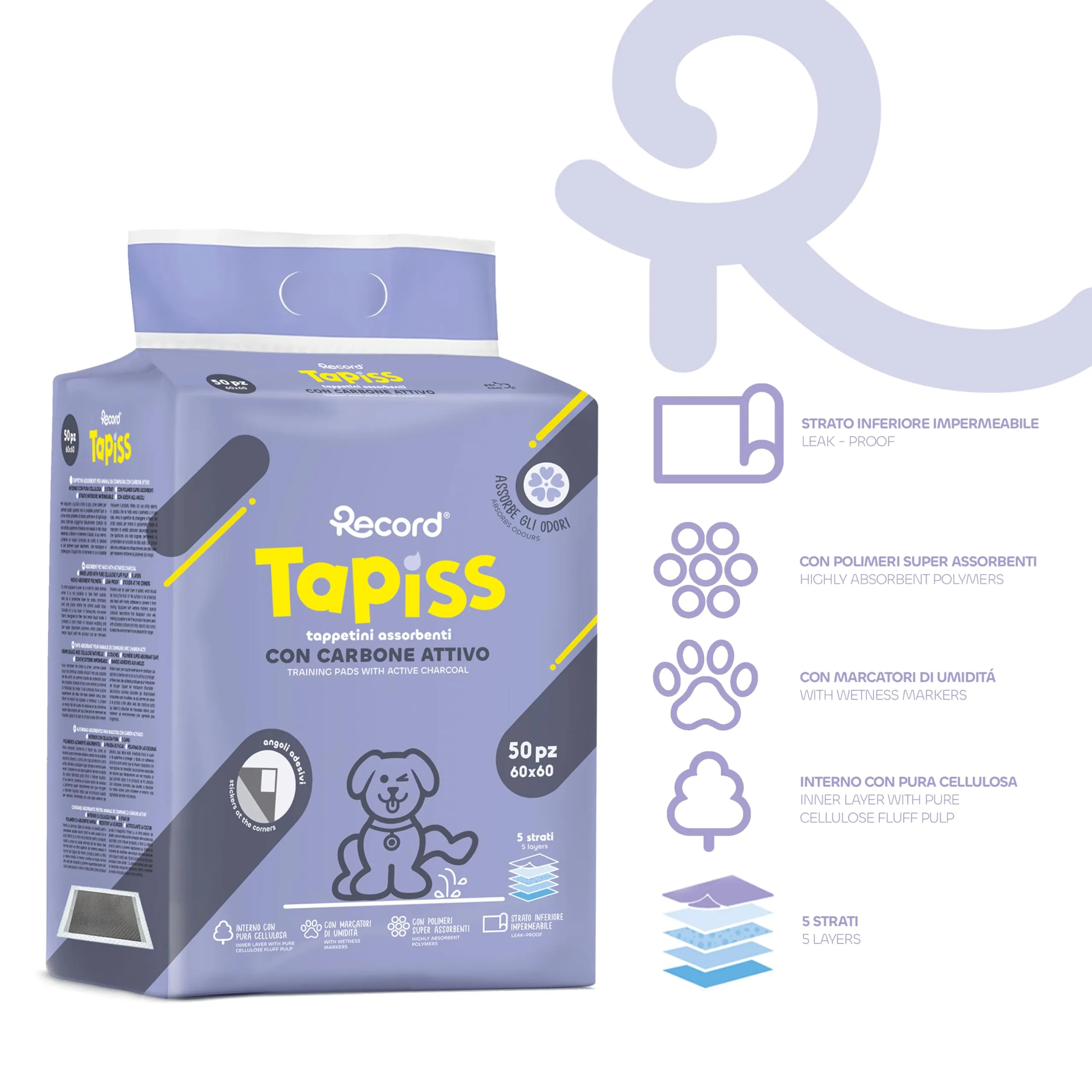 Record Tapiss Tappetini per Cani Usa e Getta Ultra Assorbenti ai Carboni Attivi con Base Impermeabile. Traverse per cani con Pura cellulosa e Angoli Adesivi|Confezione 50 tappetini, Misure 60 x 60 cm - immagine 2