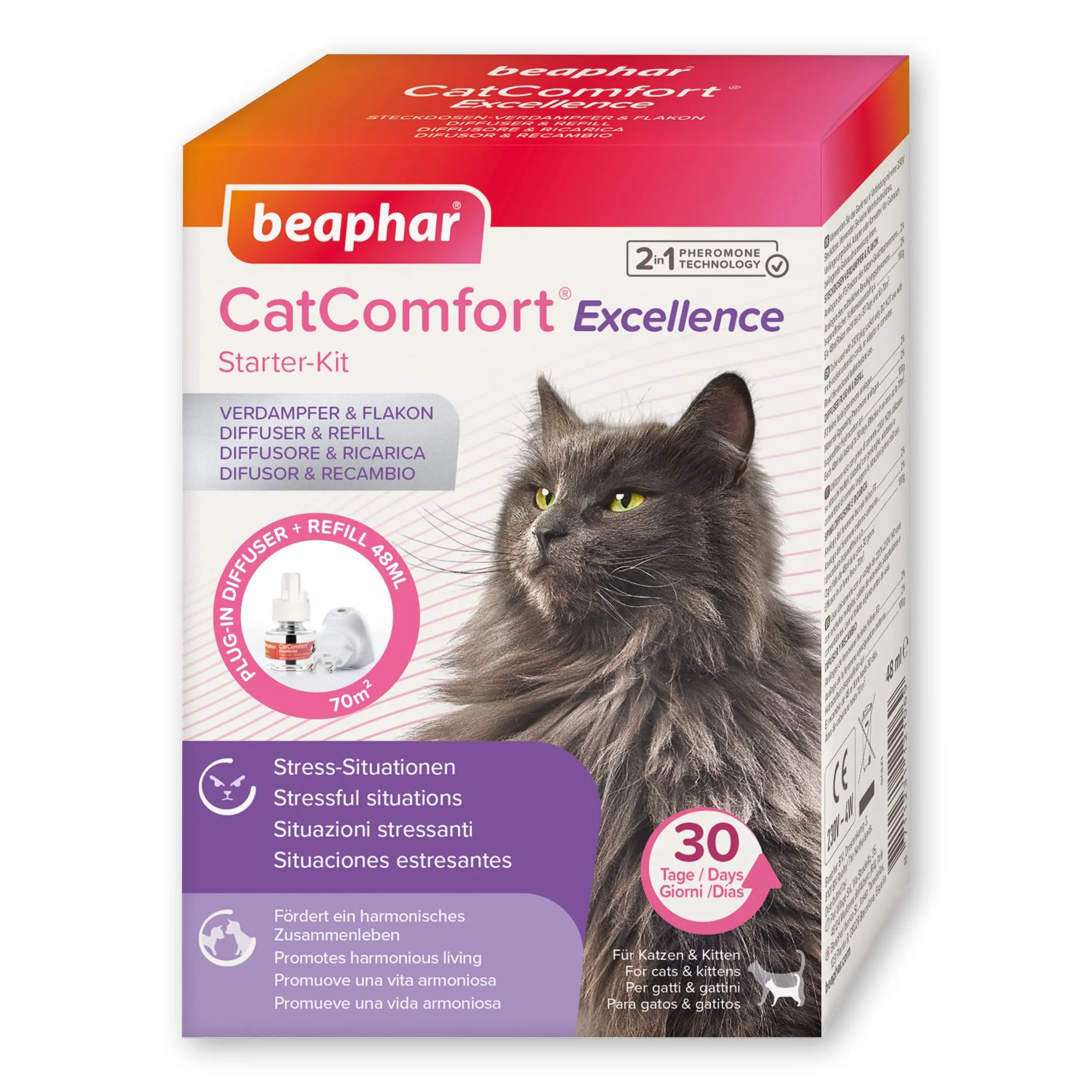 Beaphar CatComfort Excellence Starter Kit, Antistress Gatto con Feromoni Felini, 1 Diffusore + 1 Ricarica 48 ml per un Ambiente Calmo e Senza Stress, Copertura fino a 70 m2 - immagine 1