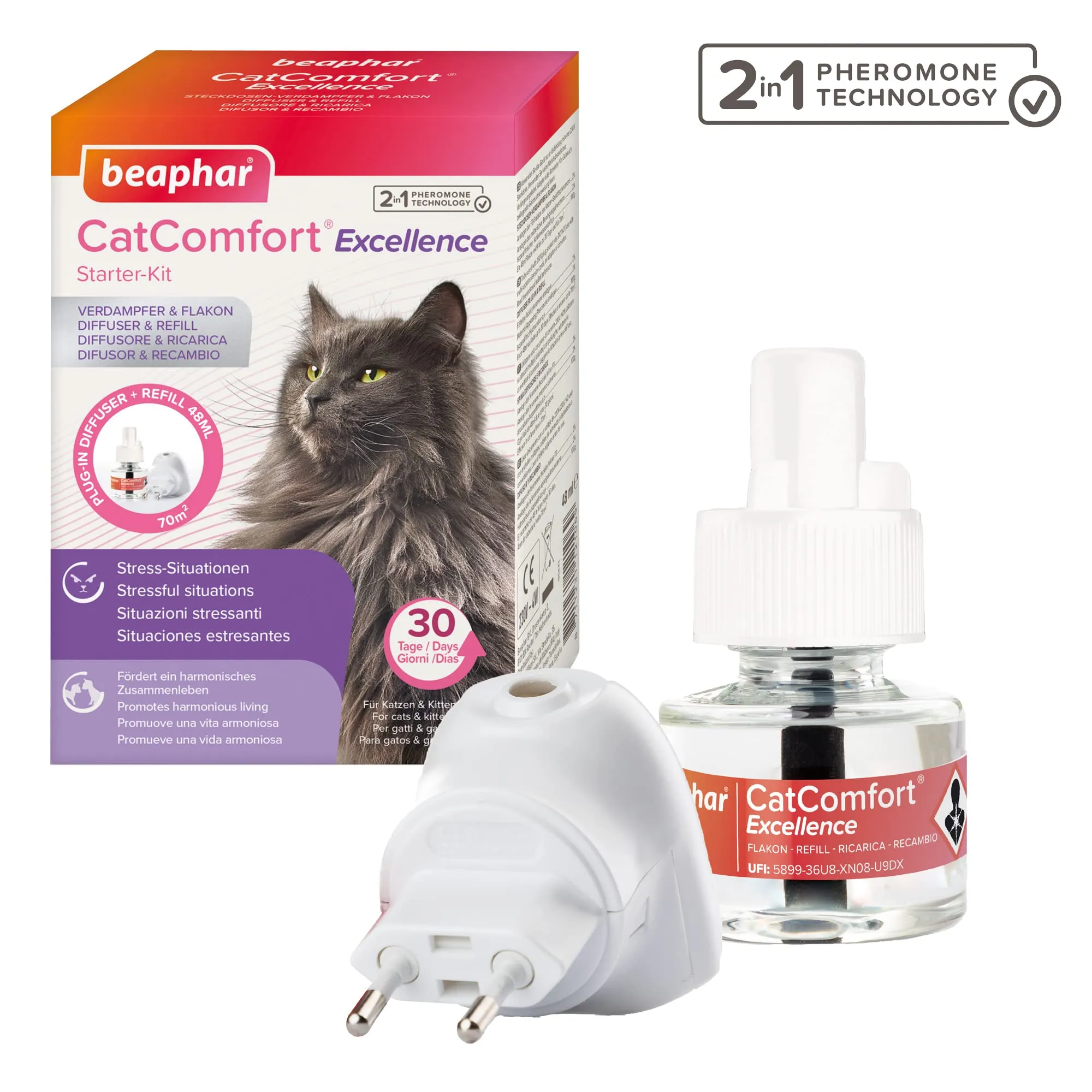 Beaphar CatComfort Excellence Starter Kit, Antistress Gatto con Feromoni Felini, 1 Diffusore + 1 Ricarica 48 ml per un Ambiente Calmo e Senza Stress, Copertura fino a 70 m2 - immagine 2