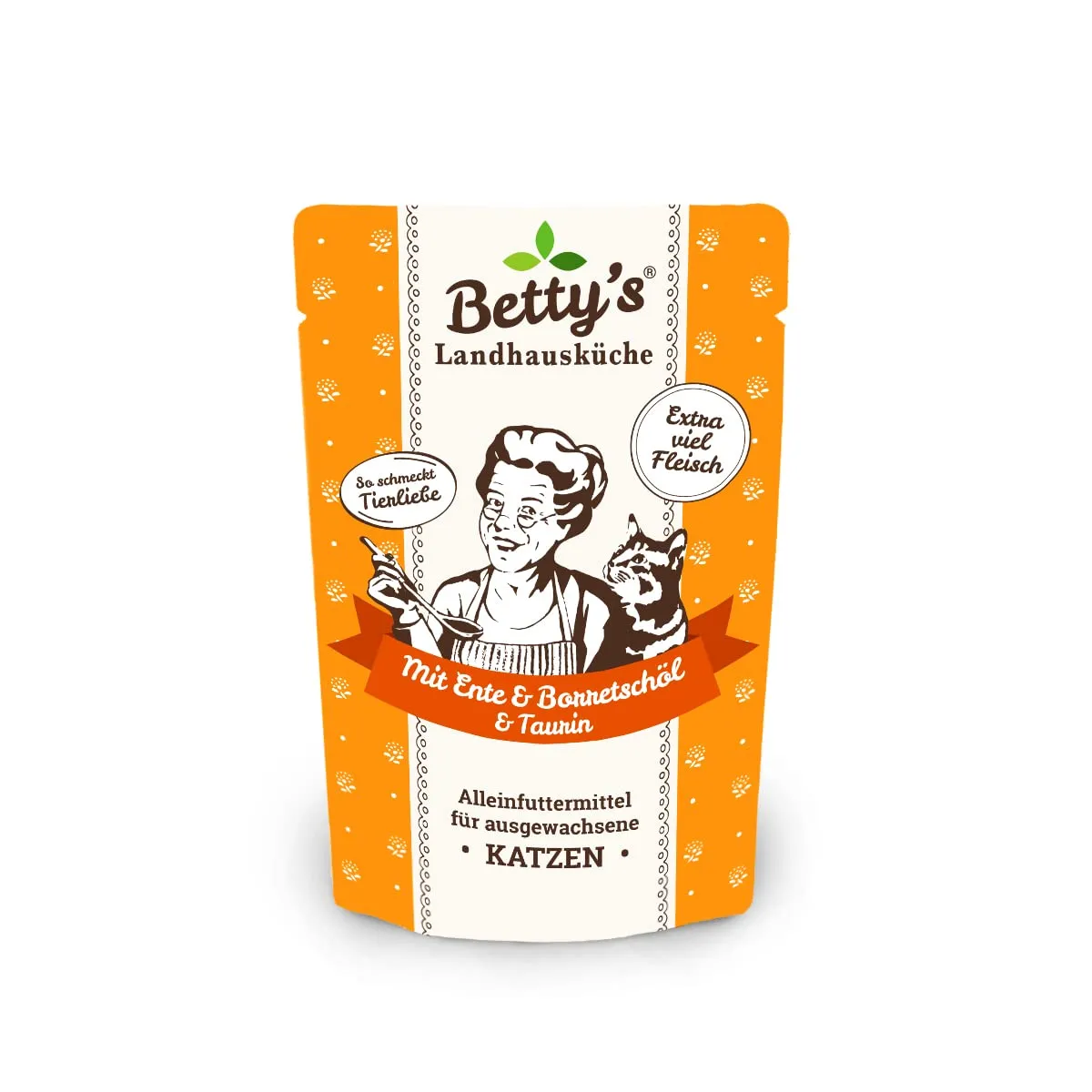 Betty's - Borsa per la cucina rustica, per alimenti umidi e gatti, anatra con olio di borragine, 12 x 100 g, senza cereali, ottima qualità, carne di alta qualità, cotta delicatamente, elevata - immagine 2
