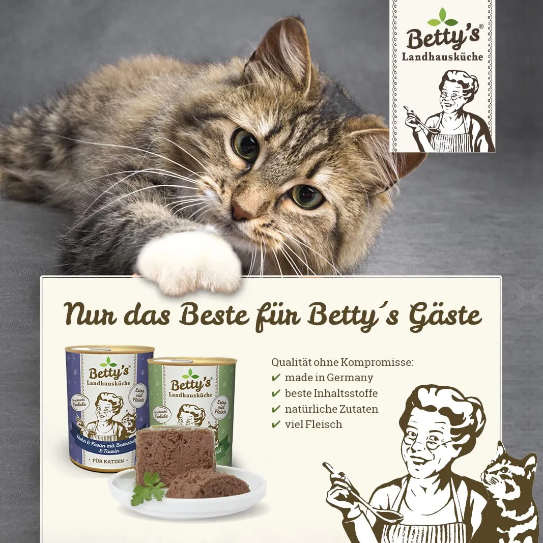 Betty's - Borsa per la cucina rustica, per alimenti umidi e gatti, anatra con olio di borragine, 12 x 100 g, senza cereali, ottima qualità, carne di alta qualità, cotta delicatamente, elevata - immagine 3