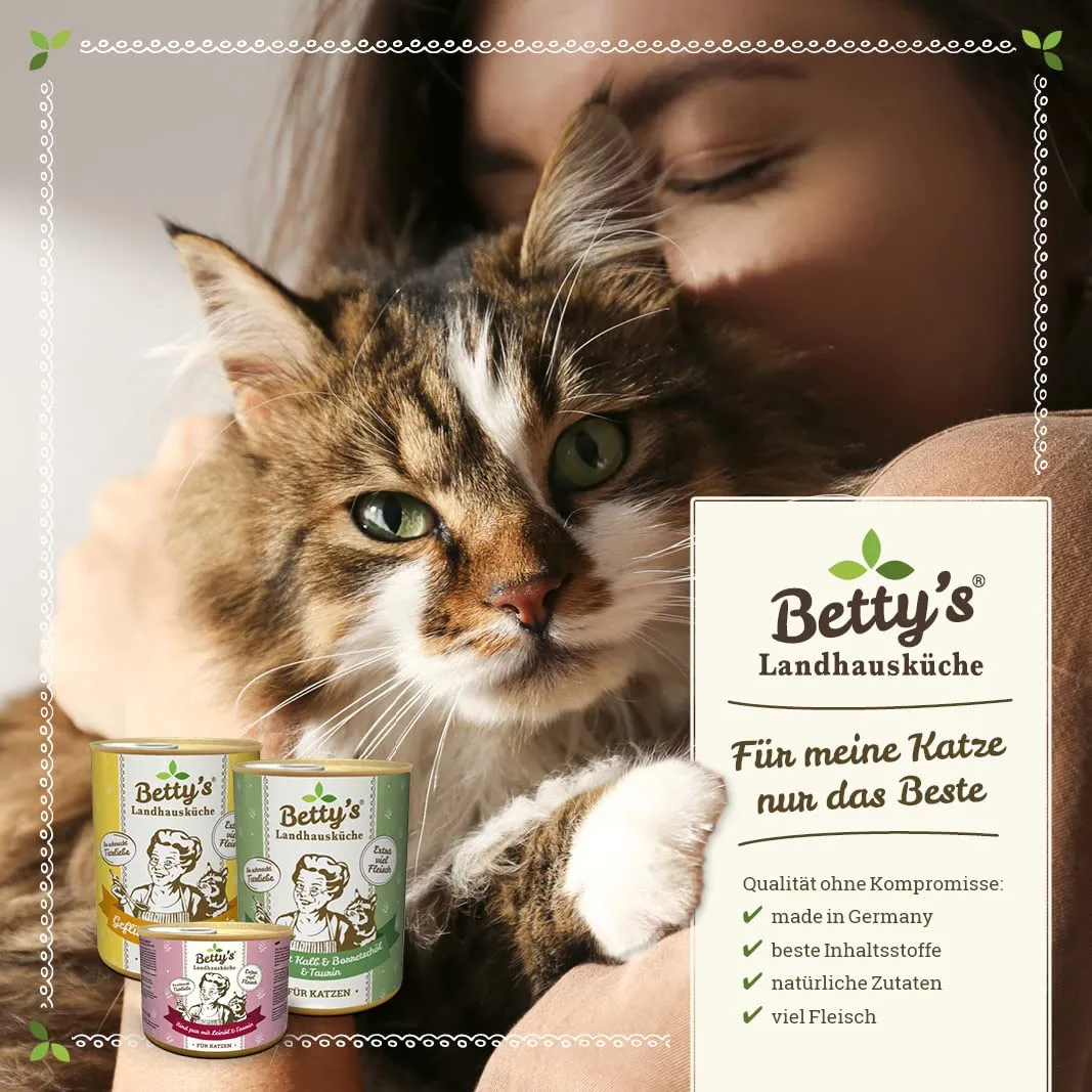 Betty's - Borsa per la cucina rustica, per alimenti umidi e gatti, anatra con olio di borragine, 12 x 100 g, senza cereali, ottima qualità, carne di alta qualità, cotta delicatamente, elevata - immagine 4