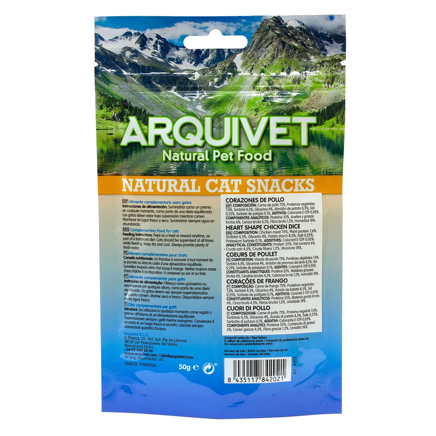 ARQUIVET Pack 24 unità - Cuori di pollo 50 gr - Snack 100% naturali per gatti - Prodotto a basso contenuto di grassi, leggero - Natural Cat Snacks - immagine 5