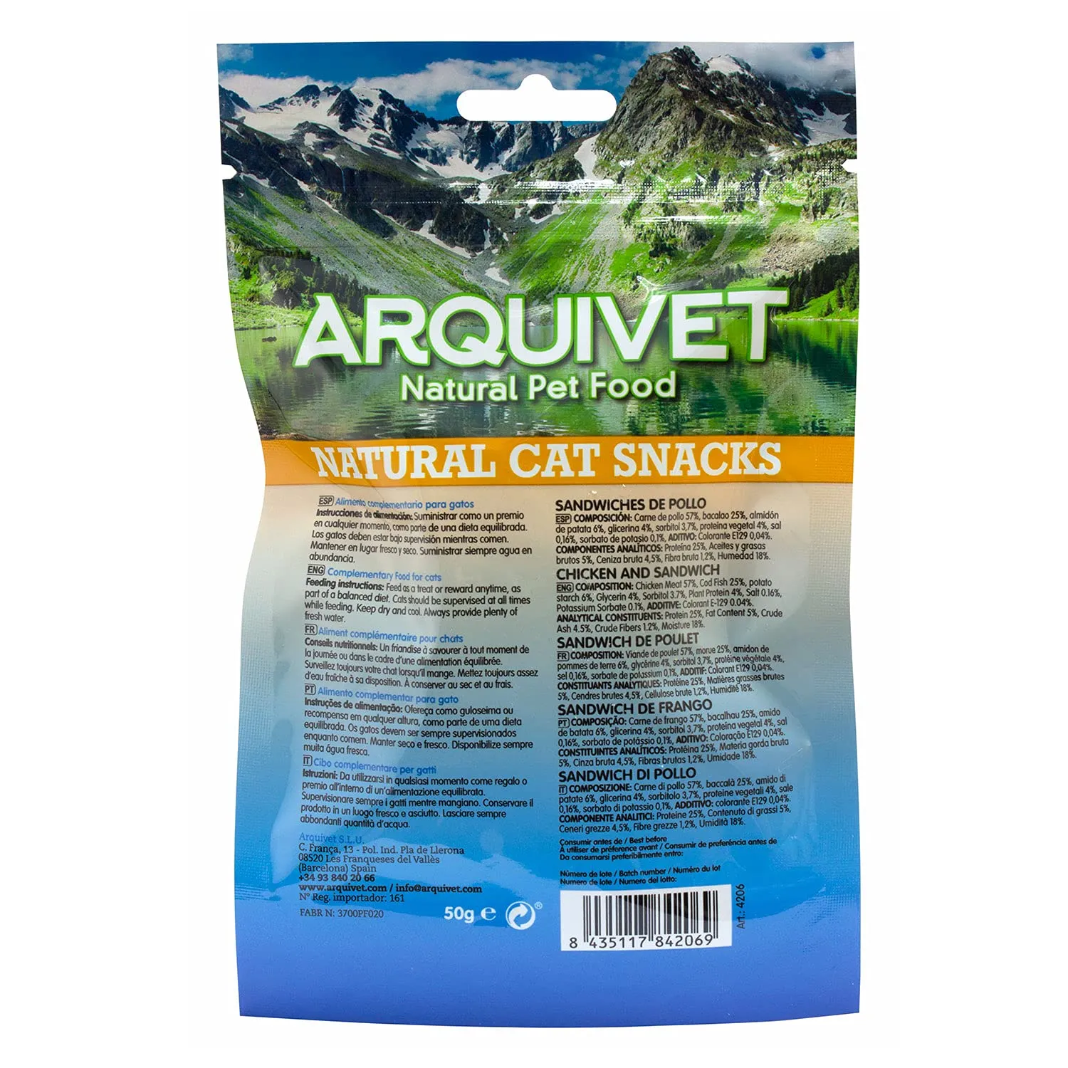 ARQUIVET Pack 24 unità - Sandwich di pollo - 50 gr - Panini al pollo - Snack 100% naturali per gatti - Prodotto a basso contenuto di grassi, leggero - Natural Cat Snacks - immagine 5