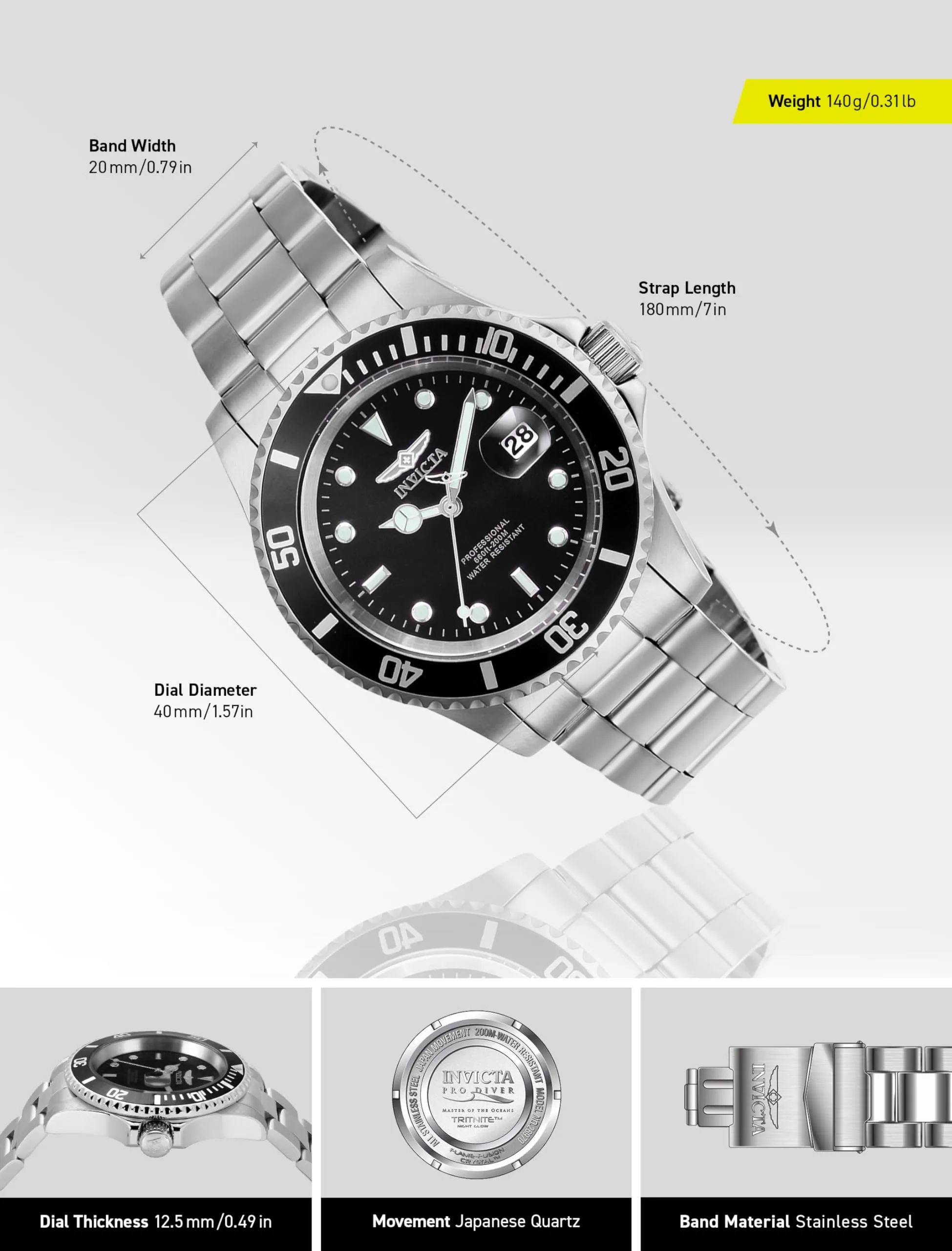 Invicta Pro Diver - Orologio da uomo in acciaio inossidabile con movimento al quarzo - 40 mm, Argento / Nero - immagine 4