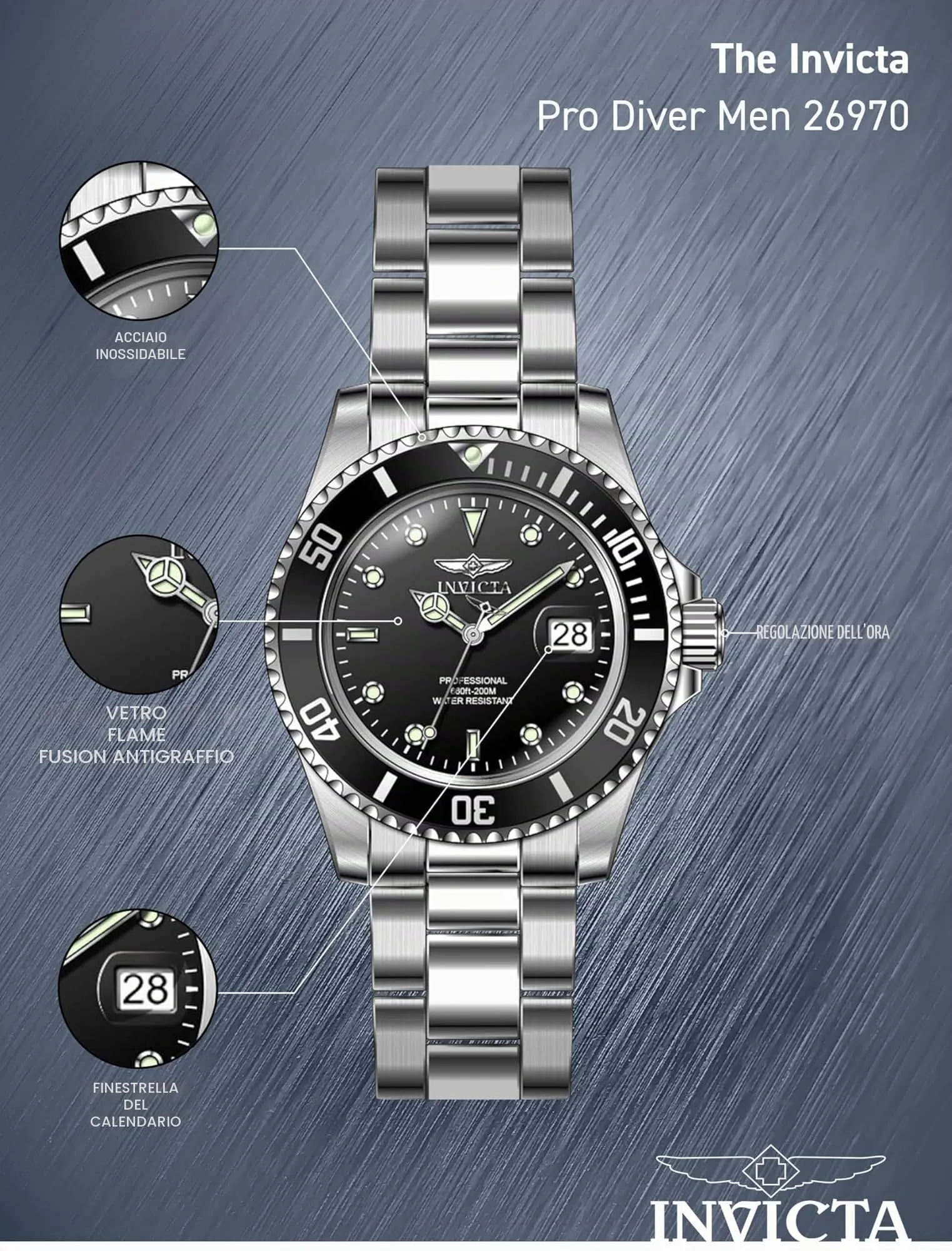 Invicta Pro Diver - Orologio da uomo in acciaio inossidabile con movimento al quarzo - 40 mm, Argento / Nero - immagine 5