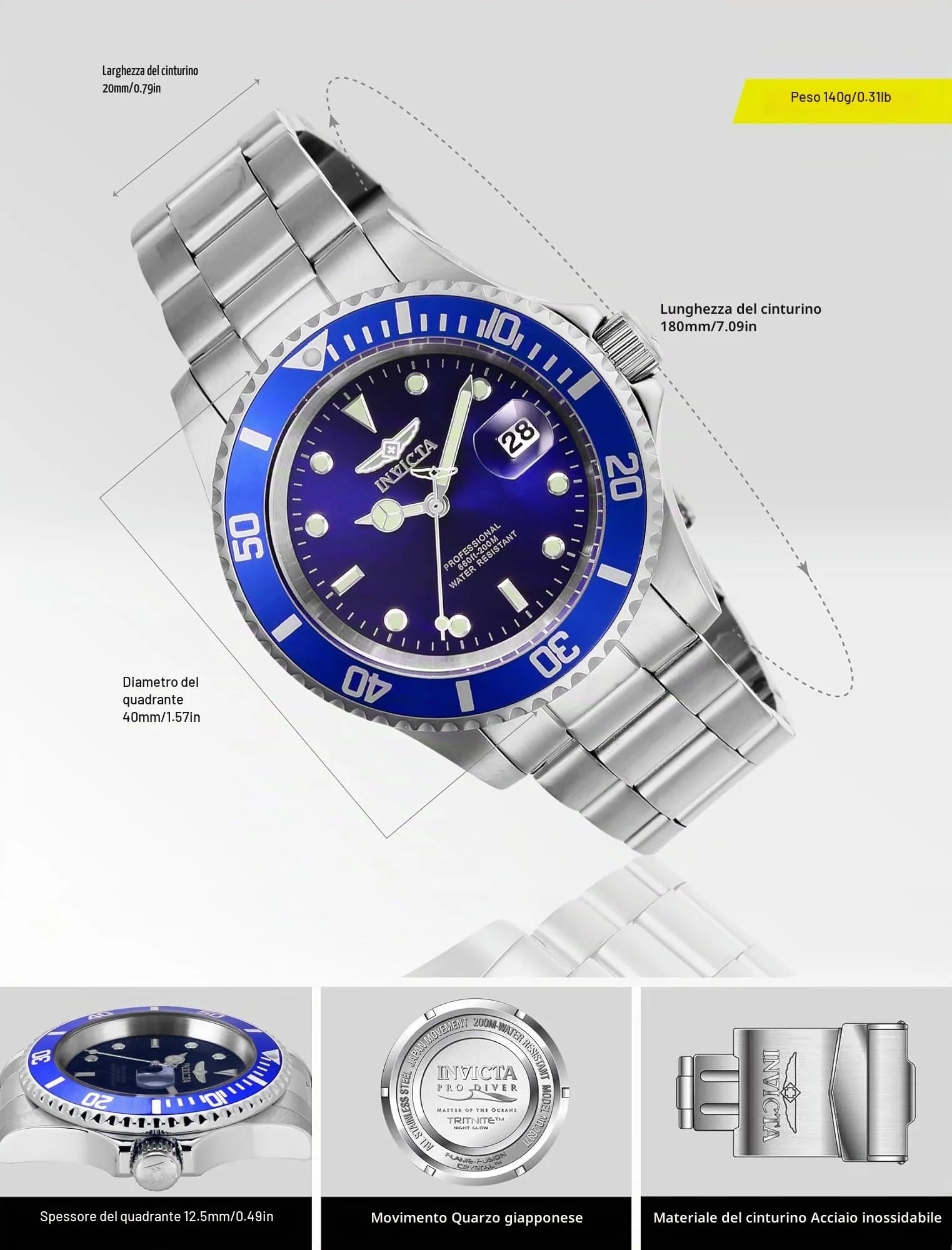 Invicta Pro Diver - Orologio da uomo in acciaio inossidabile con movimento al quarzo - 40 mm, Argento / Blu - immagine 3