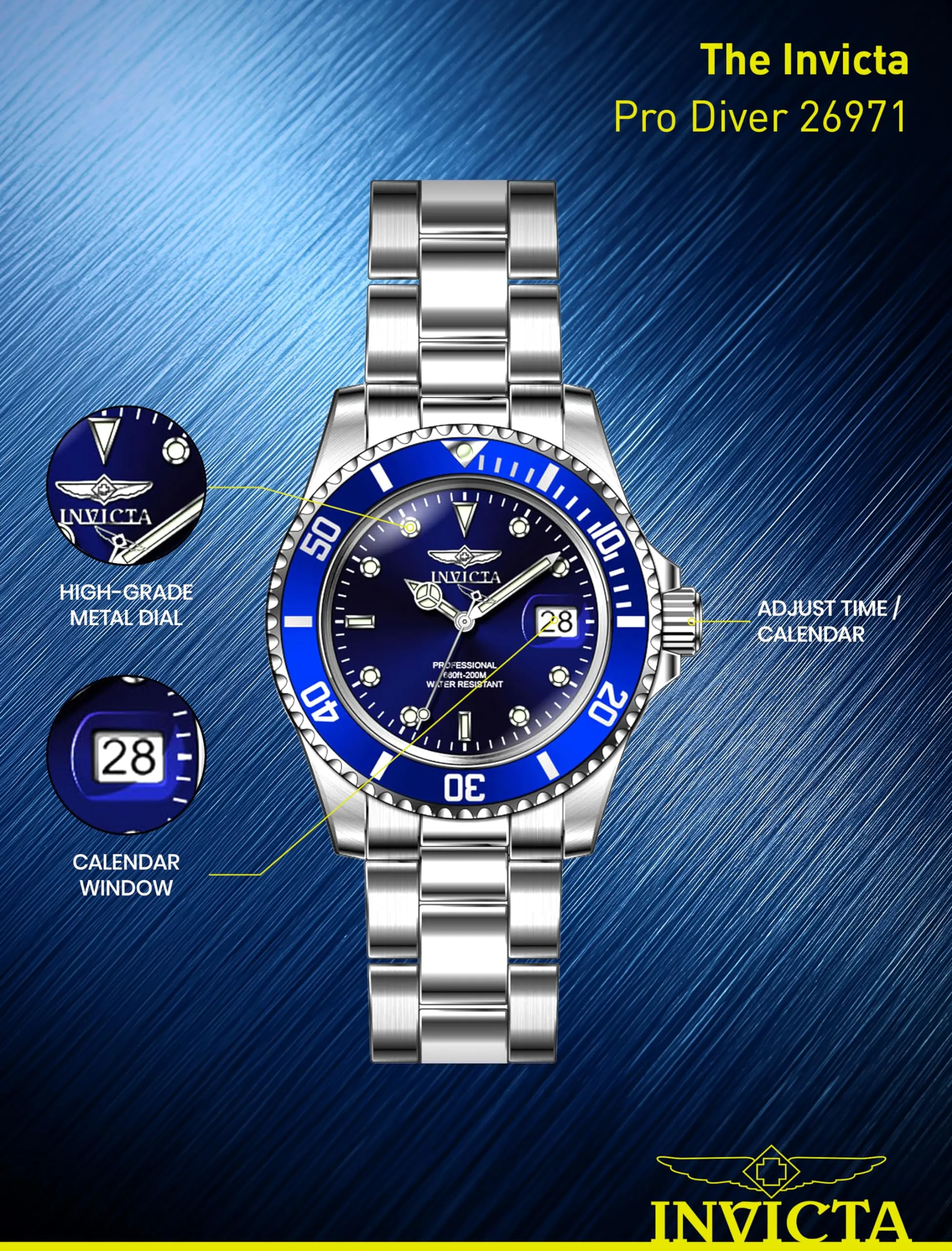 Invicta Pro Diver - Orologio da uomo in acciaio inossidabile con movimento al quarzo - 40 mm, Argento / Blu - immagine 4