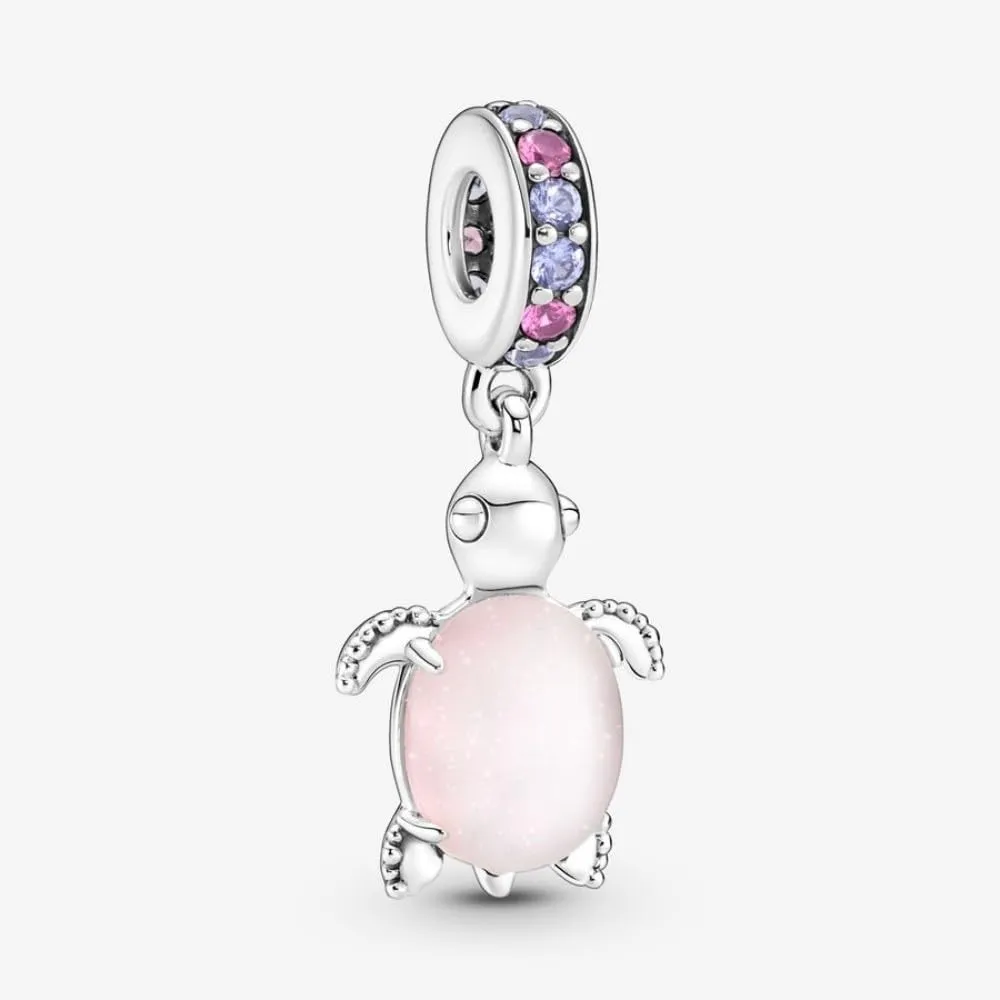 PANDORA Pendente a forma di tartaruga marina Moments in argento Sterling con vetro di Murano rosa dicroico satinato, cristallo viola regale e cristallo rosa phlox - immagine 2