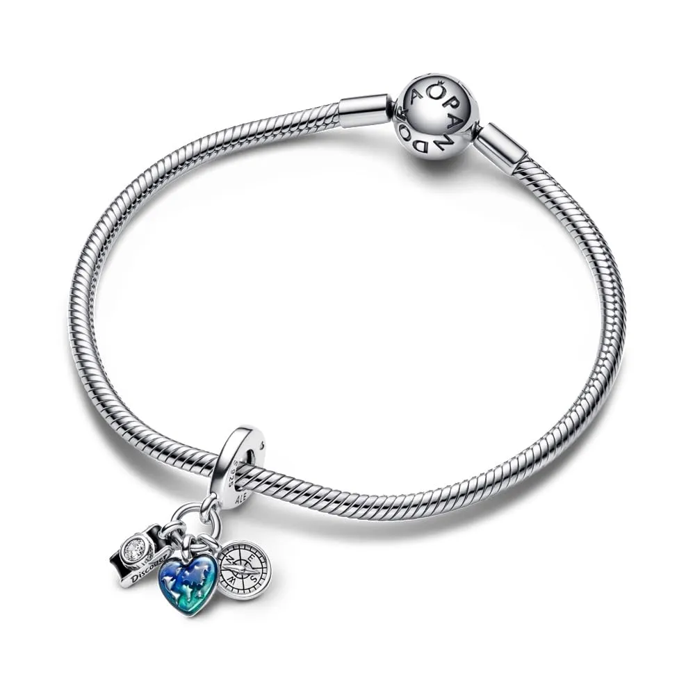 PANDORA Triplo pendente Moments in argento Sterling con fotocamera, cuore e bussola, con zirconi cubici trasparenti e smalto nero, blu trasparente e verde - immagine 3