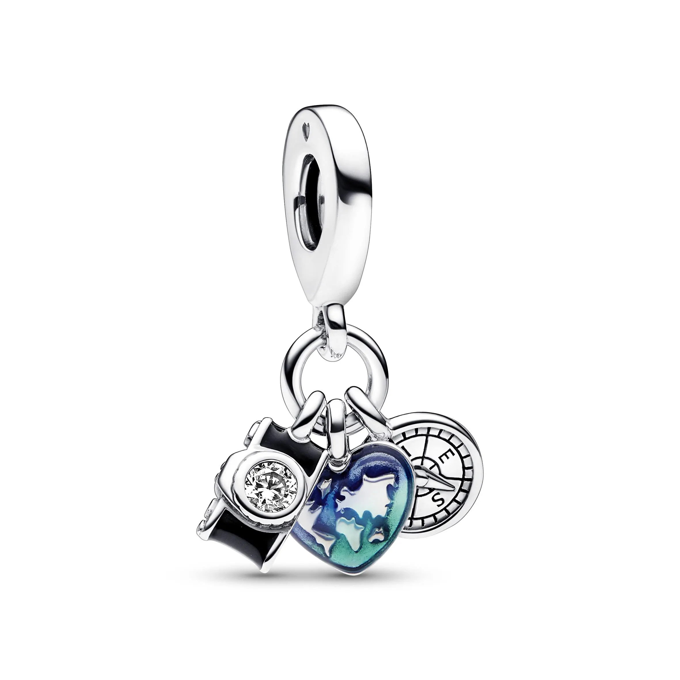 PANDORA Triplo pendente Moments in argento Sterling con fotocamera, cuore e bussola, con zirconi cubici trasparenti e smalto nero, blu trasparente e verde - immagine 4