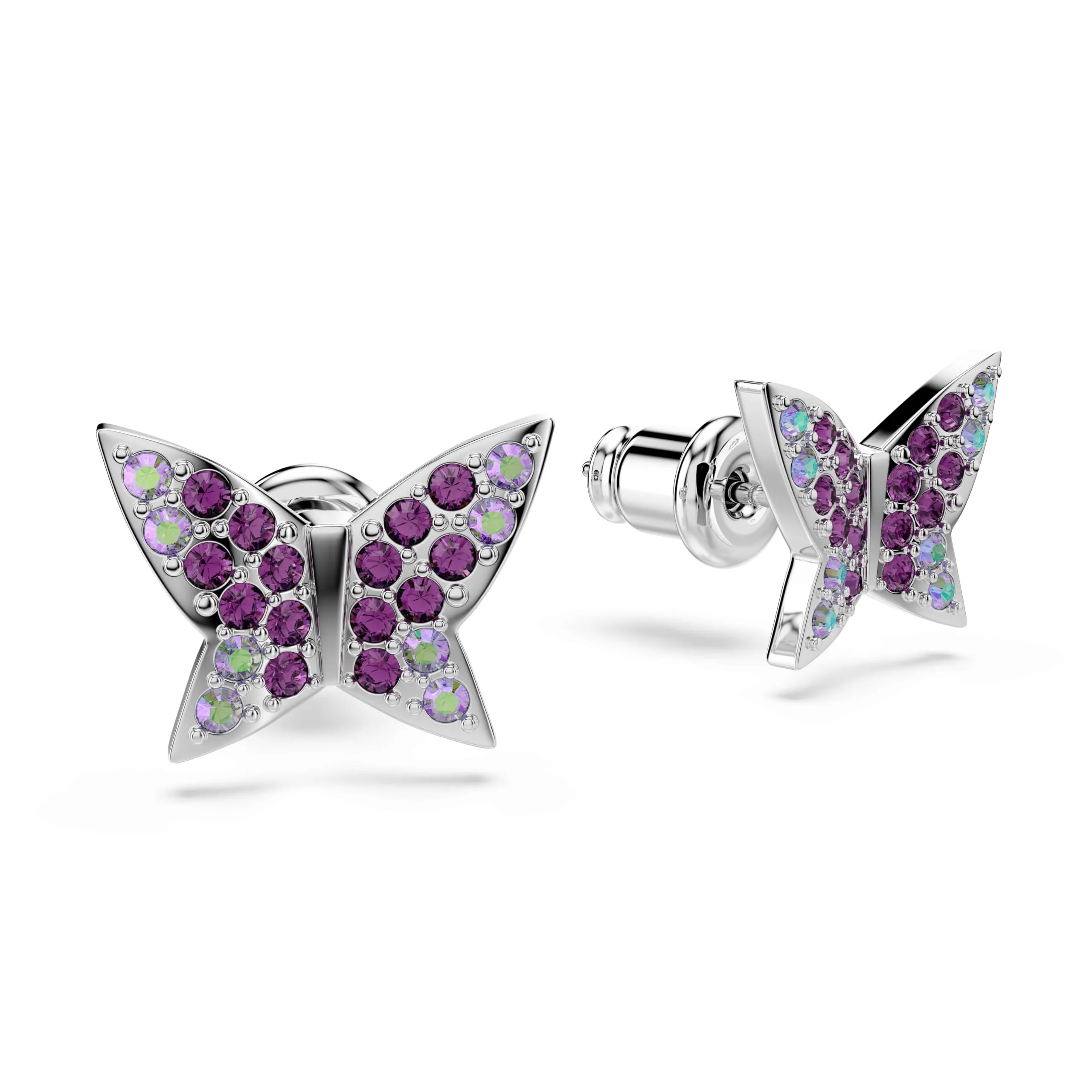 Swarovski Idyllia Orecchini A Bottone, Taglio Rotondo, Farfalla, Viola, Placcato Rodio - immagine 3