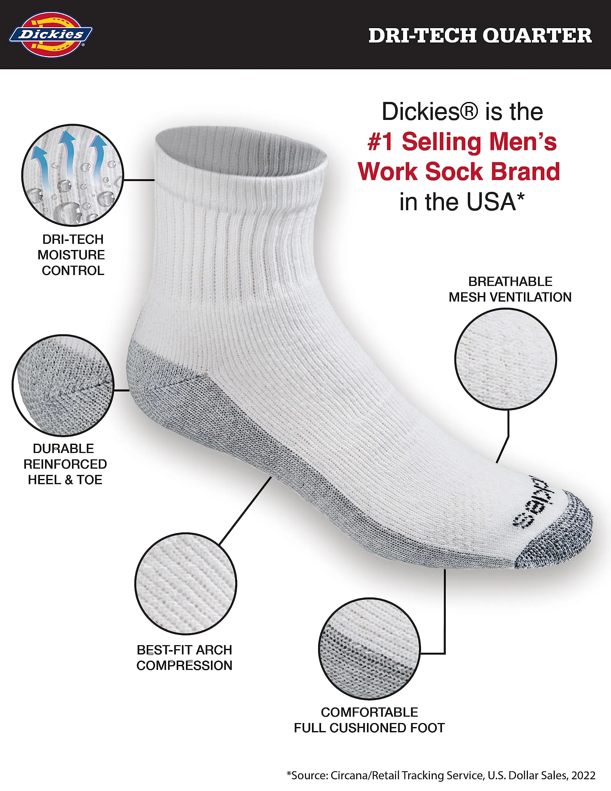 Dickies Men's Dri-tech Moisture Control Quarter Socks Multipack - immagine 4