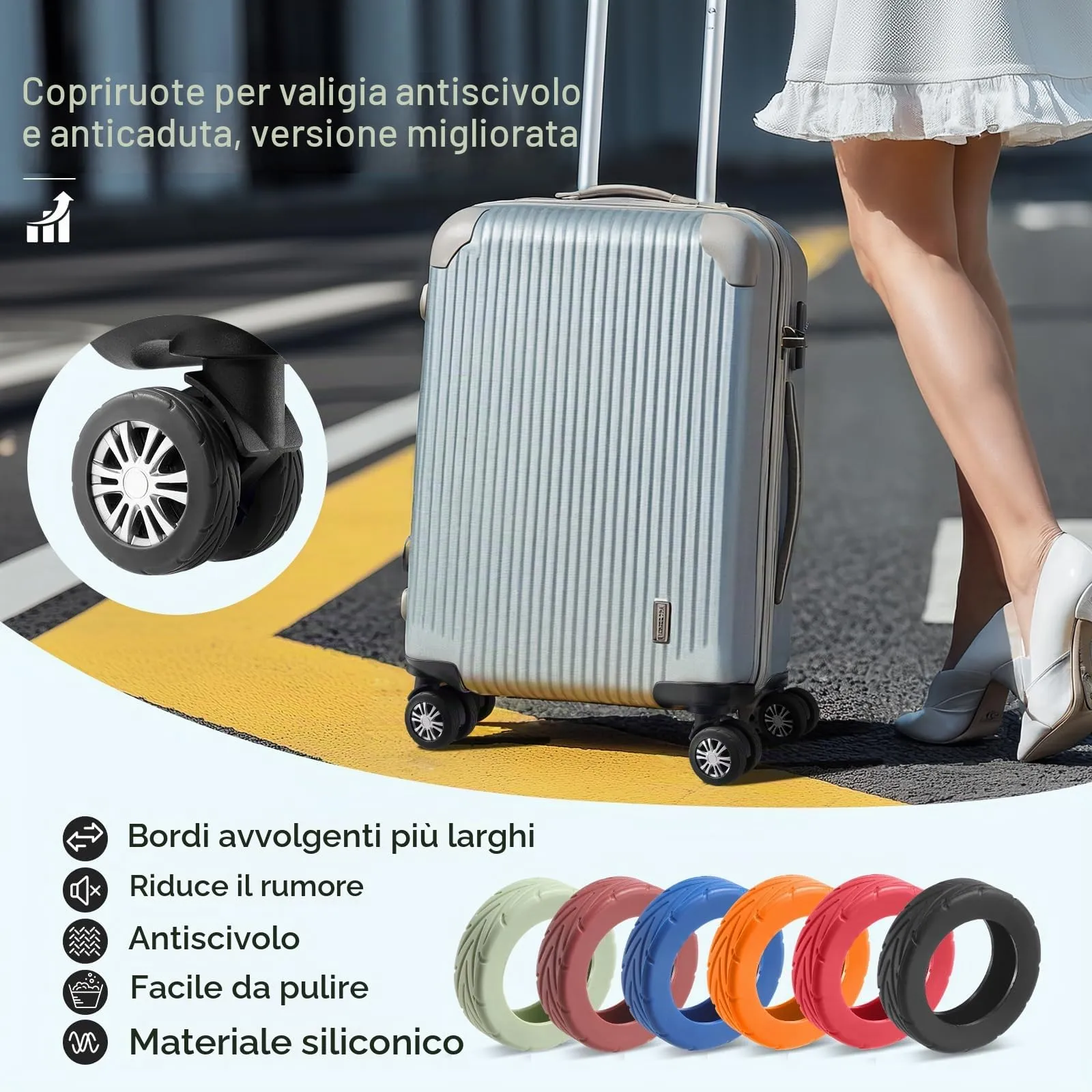 8 PC Copertine per ruote per bagagli ad aggiornamento, valigie per bagagli, coperture protettive per la ruota silicone resistenti all'usura per la ruota di filatore da 2-2,4" (nero) - immagine 2