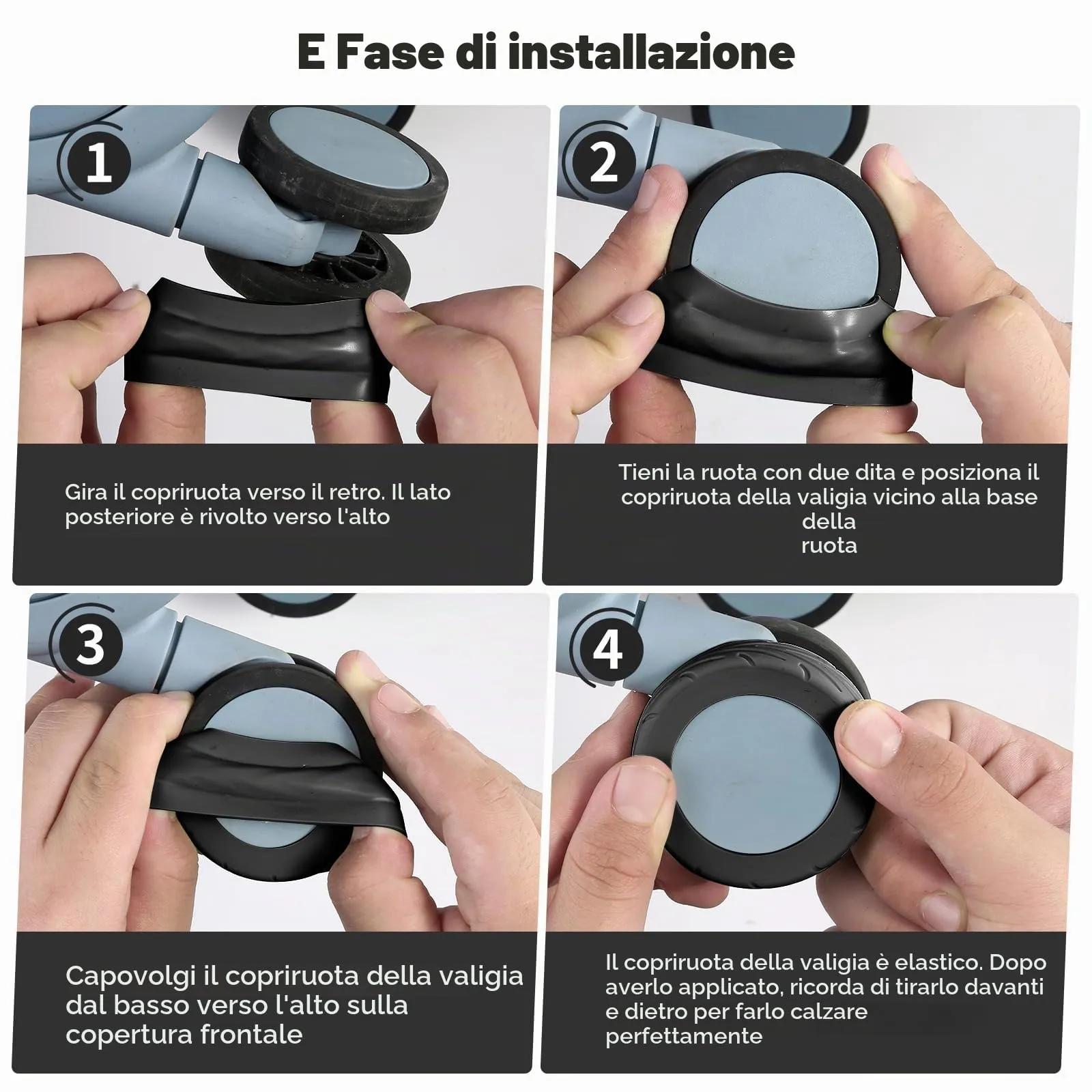 8 PC Copertine per ruote per bagagli ad aggiornamento, valigie per bagagli, coperture protettive per la ruota silicone resistenti all'usura per la ruota di filatore da 2-2,4" (nero) - immagine 4