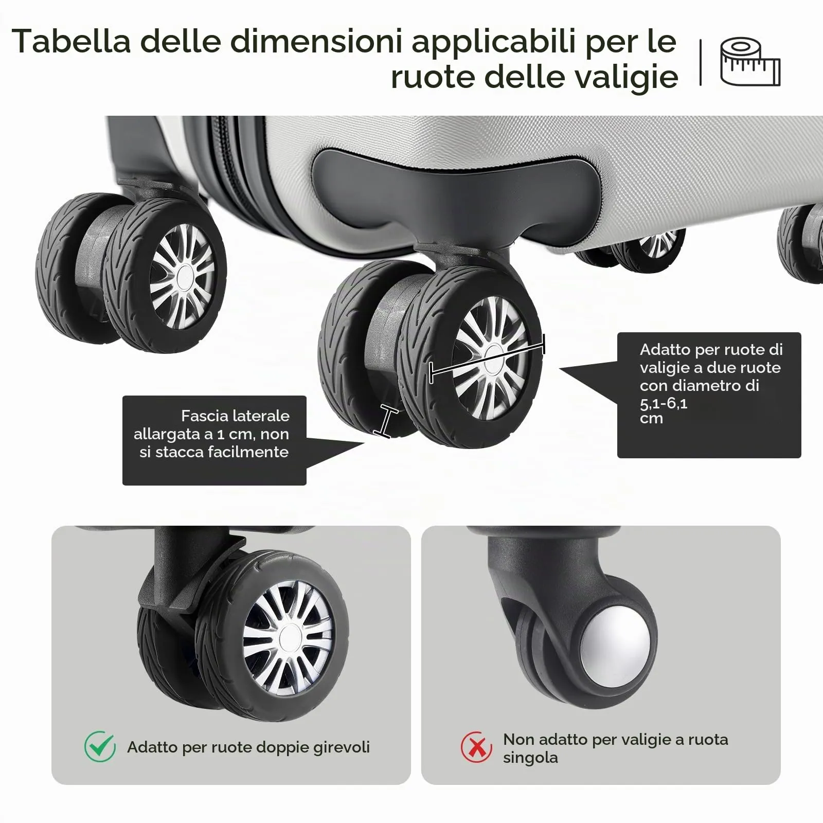 8 PC Copertine per ruote per bagagli ad aggiornamento, valigie per bagagli, coperture protettive per la ruota silicone resistenti all'usura per la ruota di filatore da 2-2,4" (nero) - immagine 5