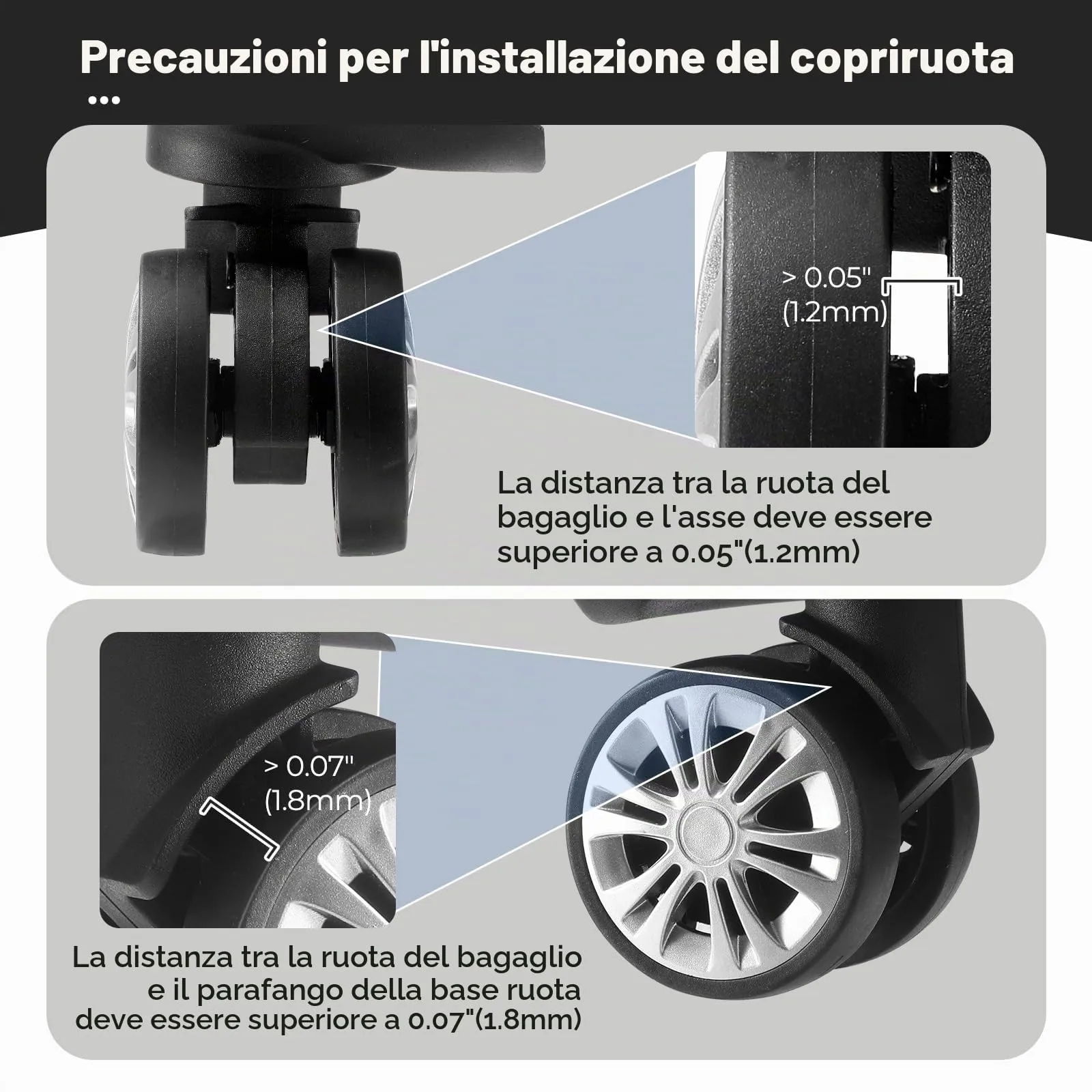 8 PC Copertine per ruote per bagagli ad aggiornamento, valigie per bagagli, coperture protettive per la ruota silicone resistenti all'usura per la ruota di filatore da 2-2,4" (nero) - immagine 7