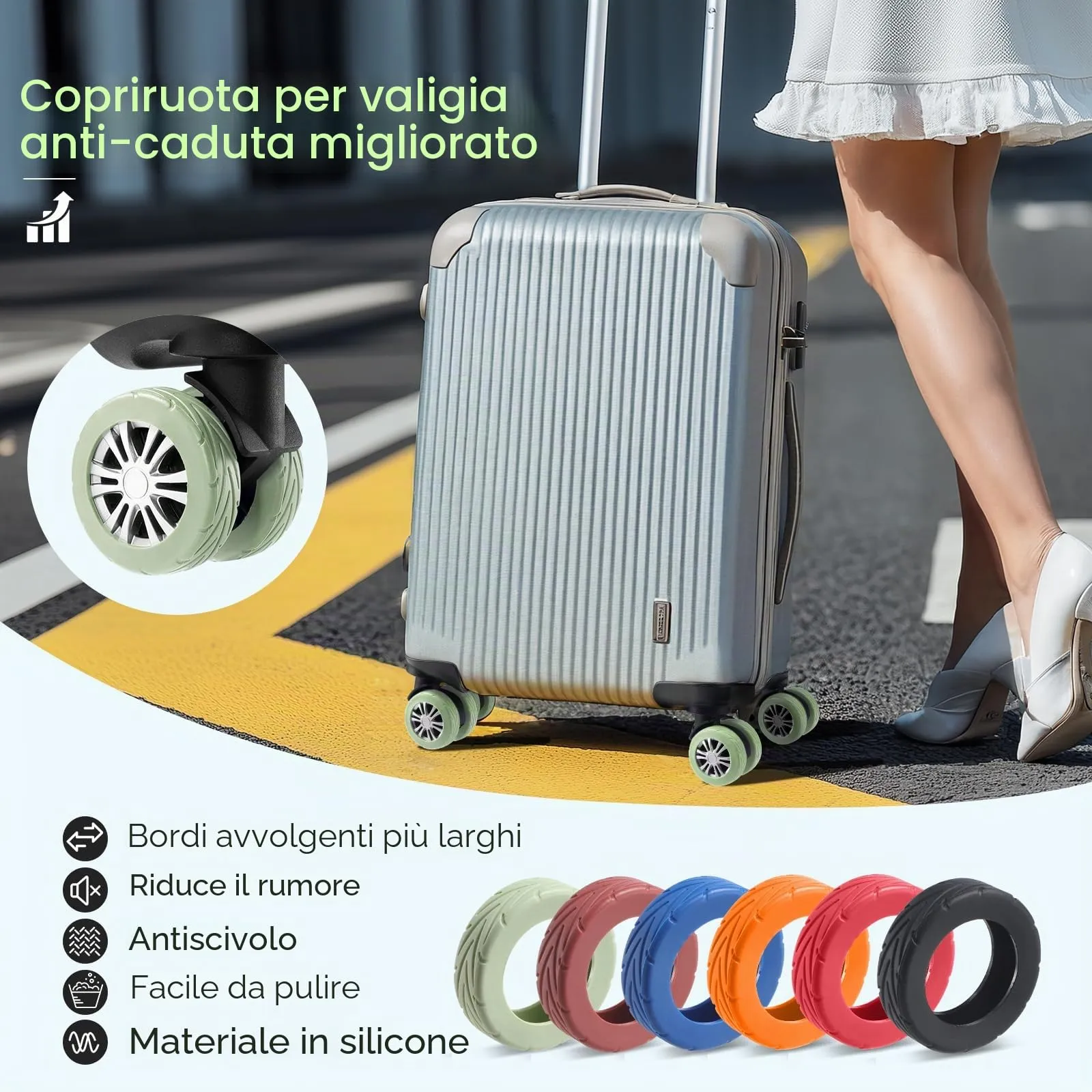 Wanzhuango 8 copriruote per bagagli, accessori essenziali da viaggio, Verde, Morbido, Silenzioso. Proteggono le ruote dei bagagli - immagine 2
