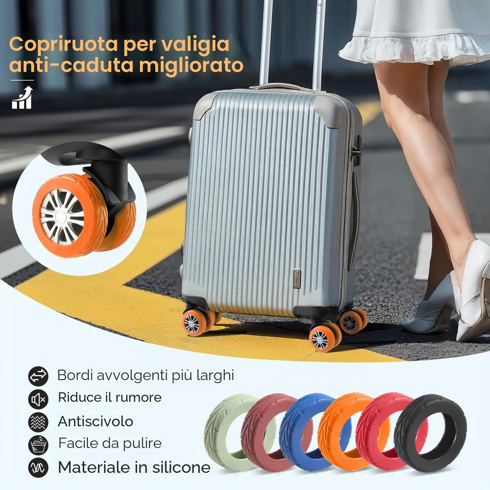 Wanzhuango 8 copricerchi per bagagli, resistenti all'usura, antirumore, in silicone, per ruote girevoli da 2 a 6,1 cm, Arancione, Soft, Silenzioso. Proteggi le ruote dei bagagli - immagine 2
