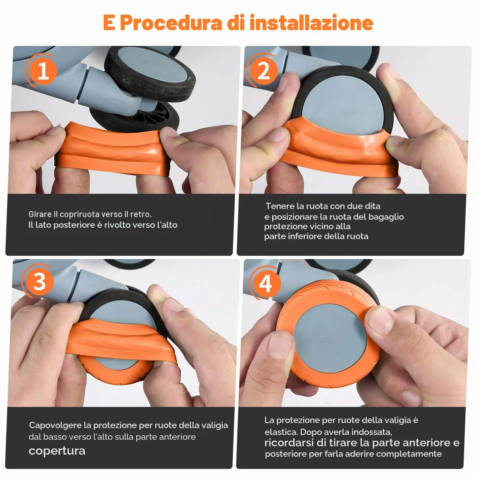 Wanzhuango 8 copricerchi per bagagli, resistenti all'usura, antirumore, in silicone, per ruote girevoli da 2 a 6,1 cm, Arancione, Soft, Silenzioso. Proteggi le ruote dei bagagli - immagine 4