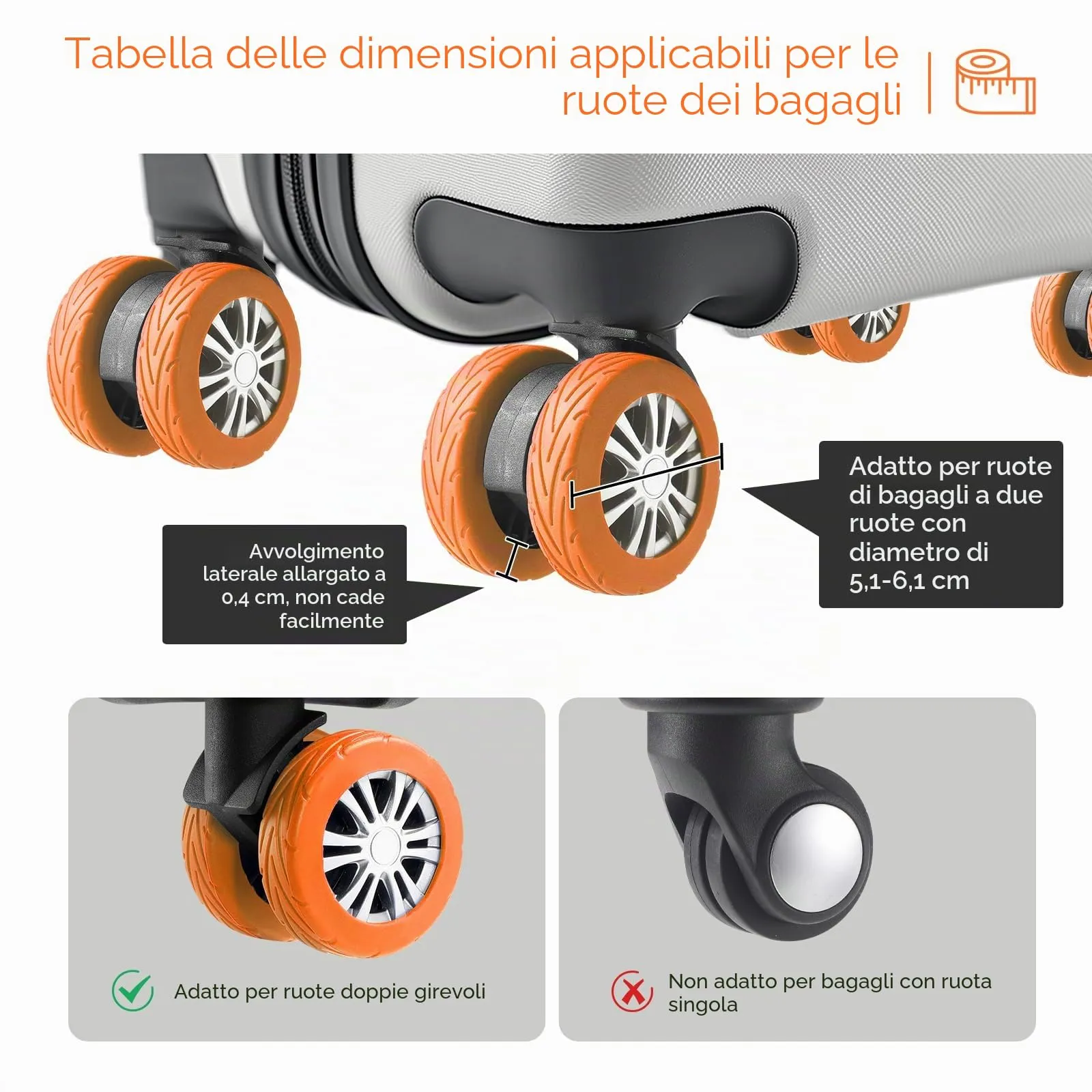 Wanzhuango 8 copricerchi per bagagli, resistenti all'usura, antirumore, in silicone, per ruote girevoli da 2 a 6,1 cm, Arancione, Soft, Silenzioso. Proteggi le ruote dei bagagli - immagine 5