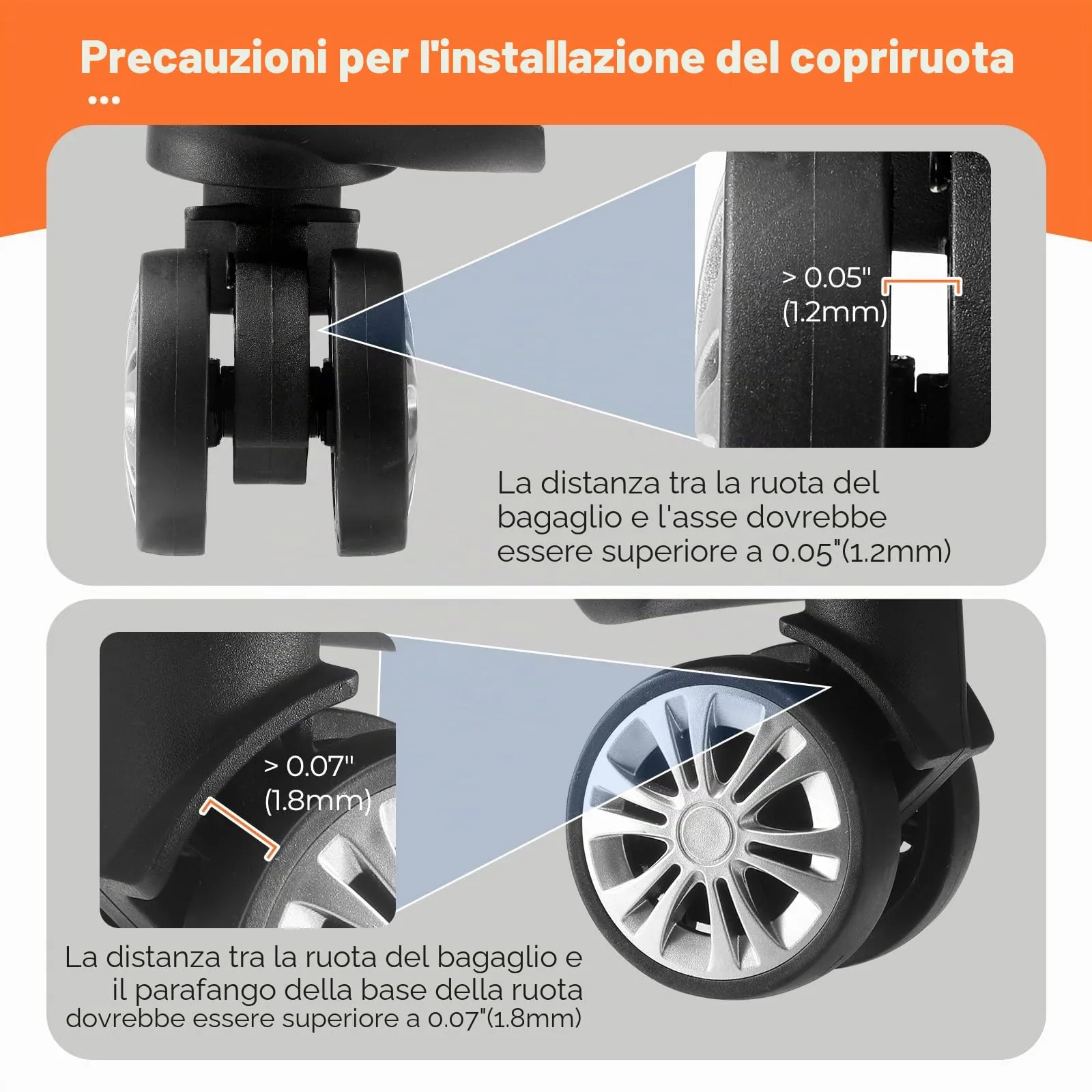 Wanzhuango 8 copricerchi per bagagli, resistenti all'usura, antirumore, in silicone, per ruote girevoli da 2 a 6,1 cm, Arancione, Soft, Silenzioso. Proteggi le ruote dei bagagli - immagine 7