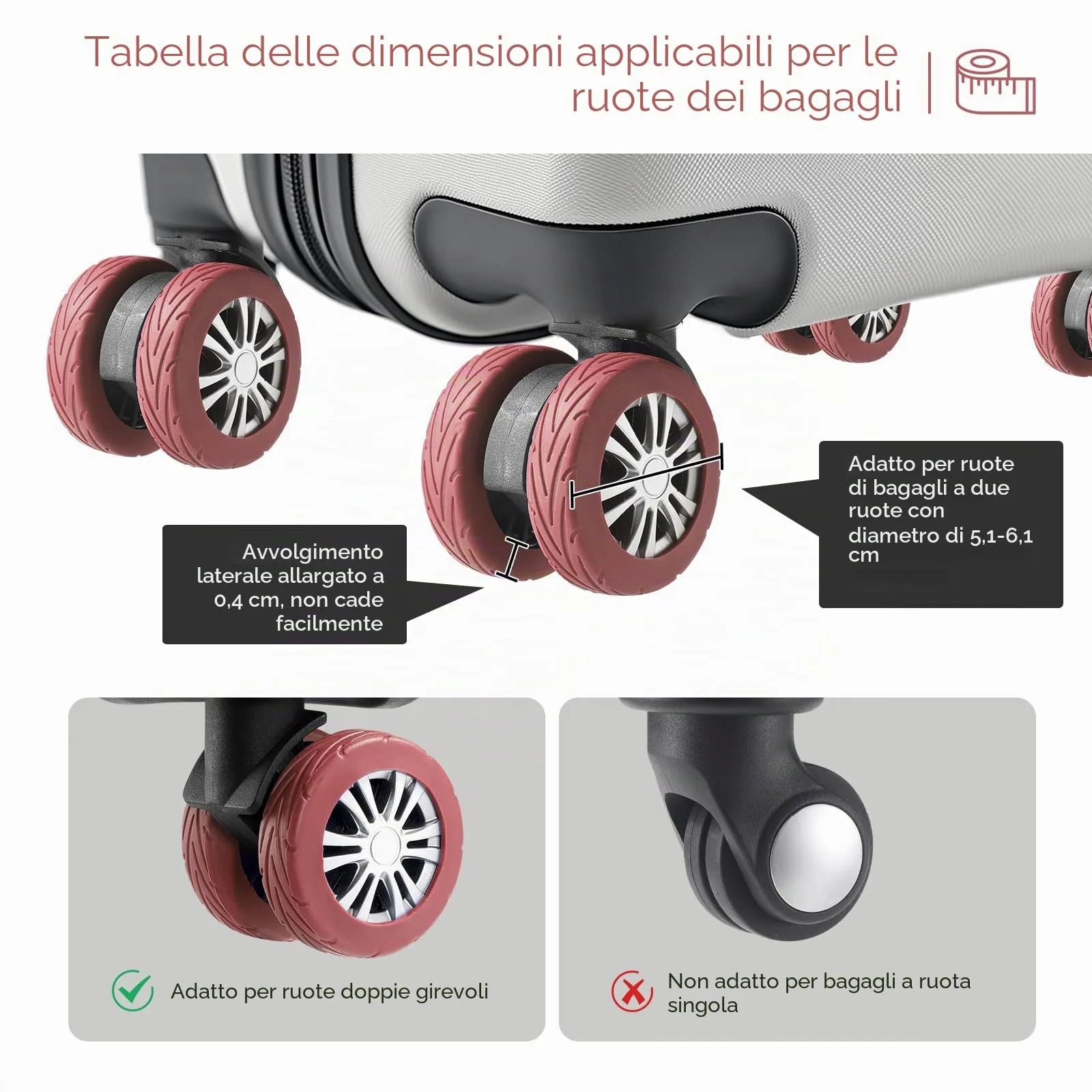 Wanzhuango 8 Pezzi Coperture per Ruote Valigia Aggiornate, Valigia a Mano, Coperture Protettive in Silicone Resistente all'Usura, Anti-Rumore per Ruote Spinner da 2-2,4', Marrone, Soft - immagine 5