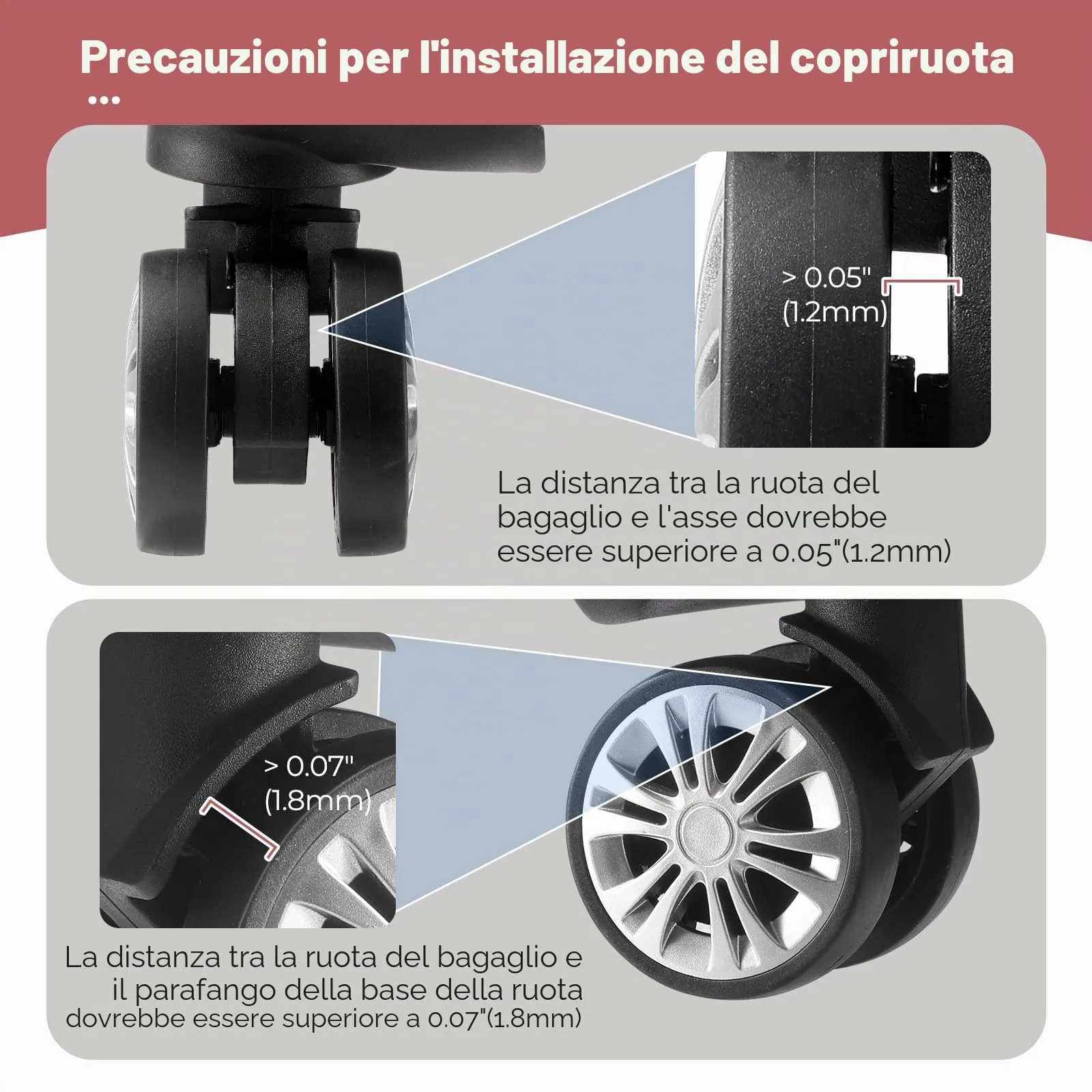 Wanzhuango 8 Pezzi Coperture per Ruote Valigia Aggiornate, Valigia a Mano, Coperture Protettive in Silicone Resistente all'Usura, Anti-Rumore per Ruote Spinner da 2-2,4', Marrone, Soft - immagine 7