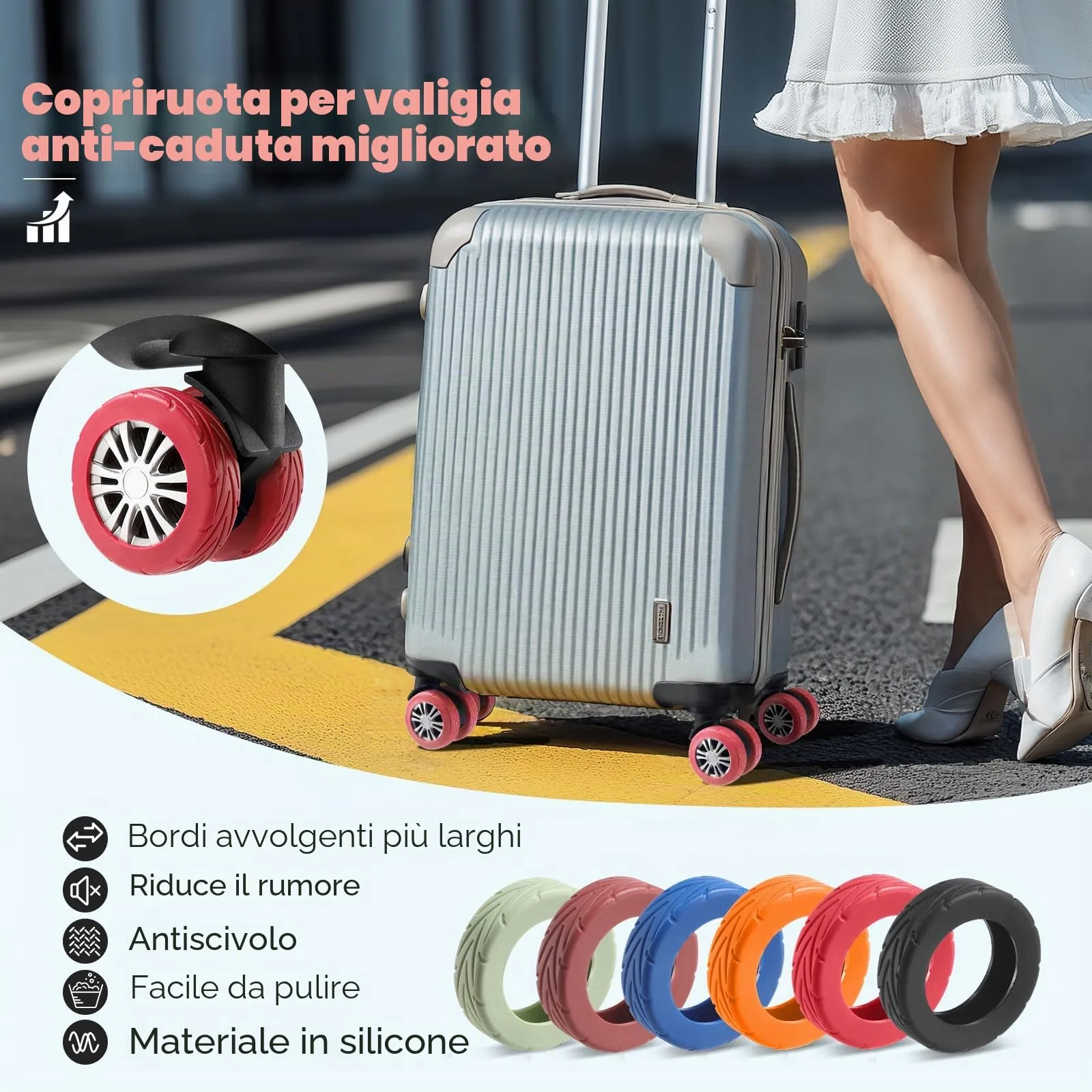 Wanzhuango 8 copricerchi per bagagli, resistenti all'usura, antirumore, in silicone, per ruote girevoli da 2 a 6,1 cm, Rosso, Soft, Silenzioso. Proteggi le ruote dei bagagli - immagine 2