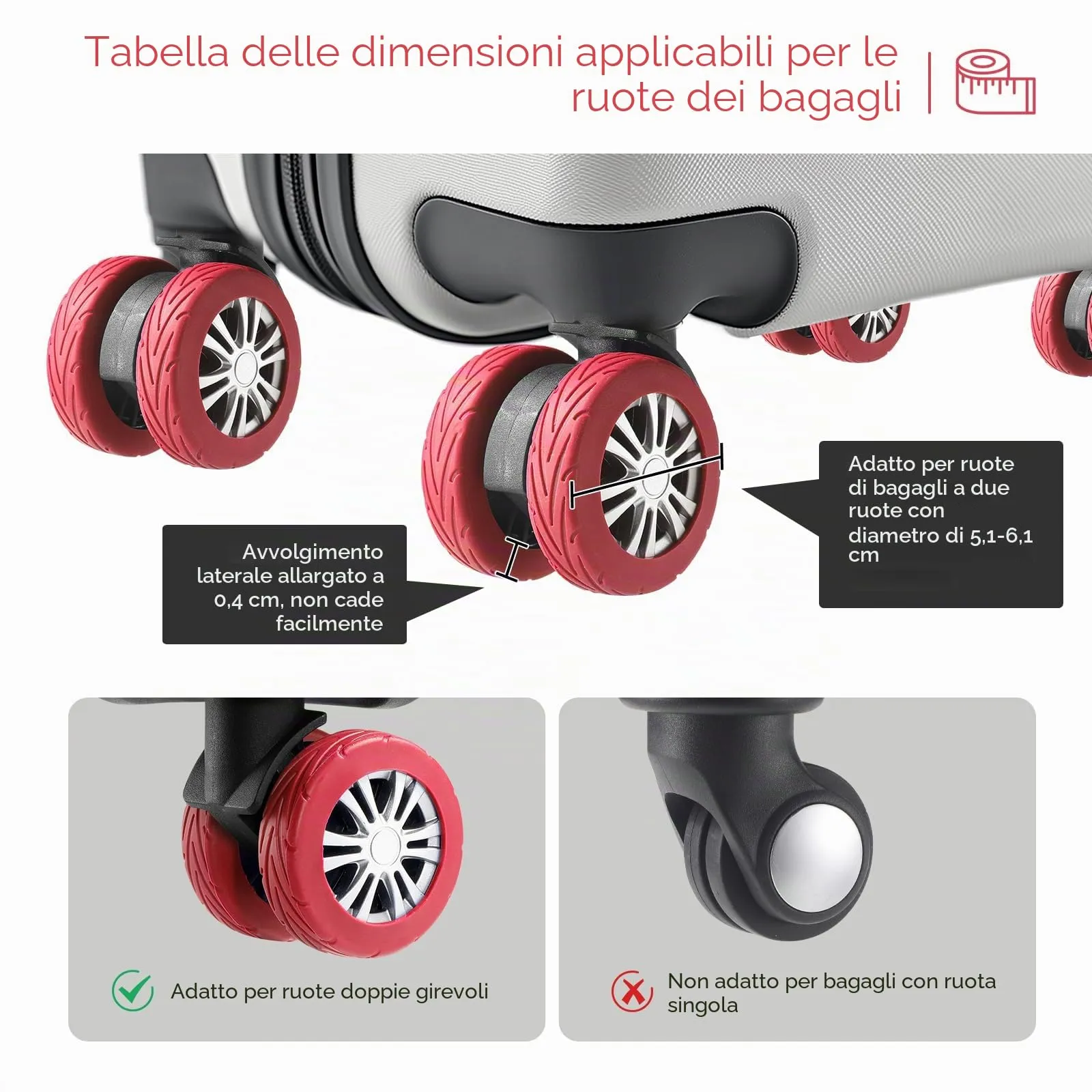 Wanzhuango 8 copricerchi per bagagli, resistenti all'usura, antirumore, in silicone, per ruote girevoli da 2 a 6,1 cm, Rosso, Soft, Silenzioso. Proteggi le ruote dei bagagli - immagine 5