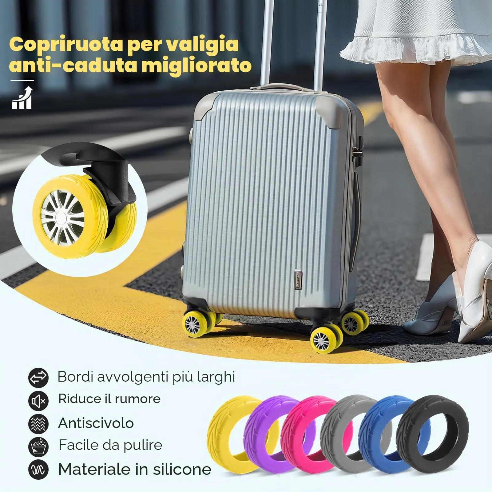Wanzhuango Coperture di protezione della ruota del, Giallo, Soft, Silenzioso. Proteggi le ruote dei bagagli - immagine 2