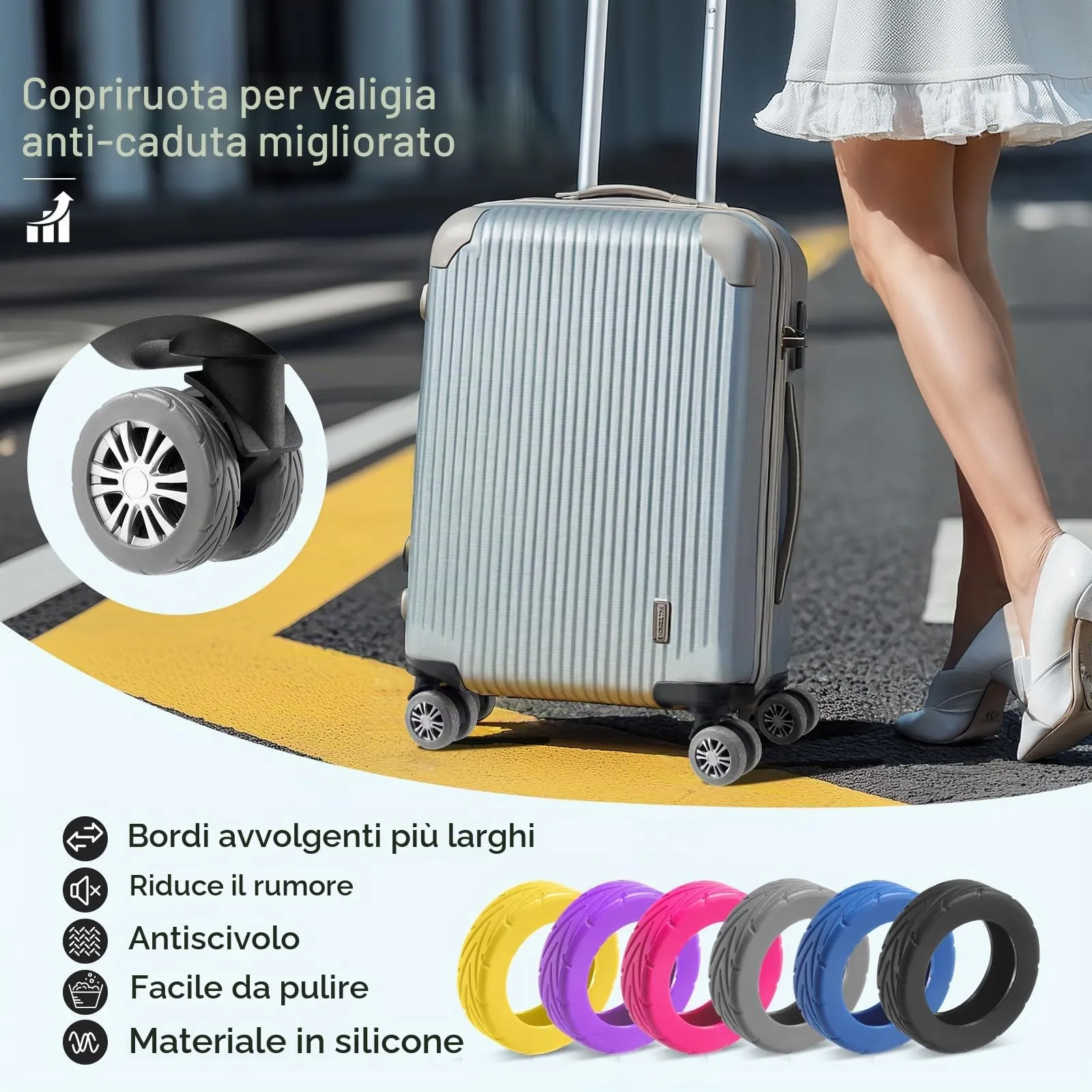 Wanzhuango Coperture di protezione della ruota del, Grigio, Soft, Silenzioso. Proteggi le ruote dei bagagli - immagine 2