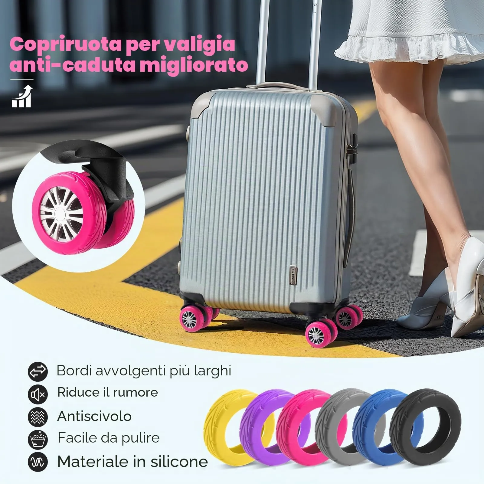 Wanzhuango Coperture di protezione della ruota del, Rosa caldo, Soft, Silenzioso. Proteggi le ruote dei bagagli - immagine 2