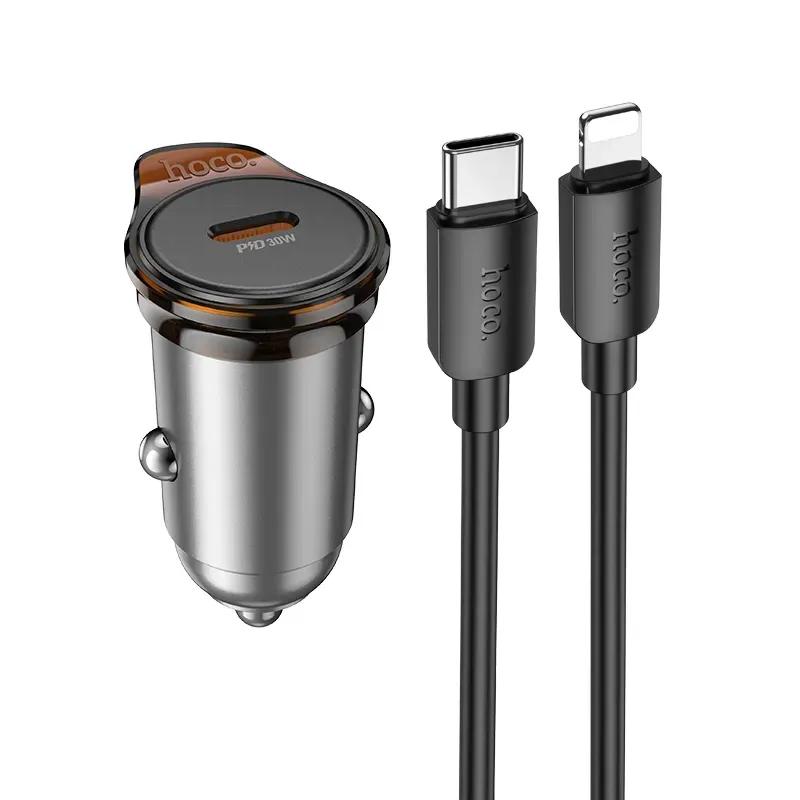 Caricabatterie Auto Con Cavo Lightning HOCO NZ16, 30W, 3A, 1 x USB-C, Grigio - immagine 1