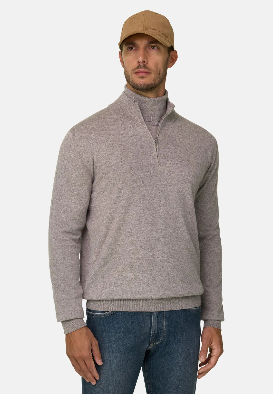 Boggi, Lupetto Mezza Zip In Lana Merino Cashwool® Mouliné, Uomo, Sabbia, Taglia: XXXL - immagine 1