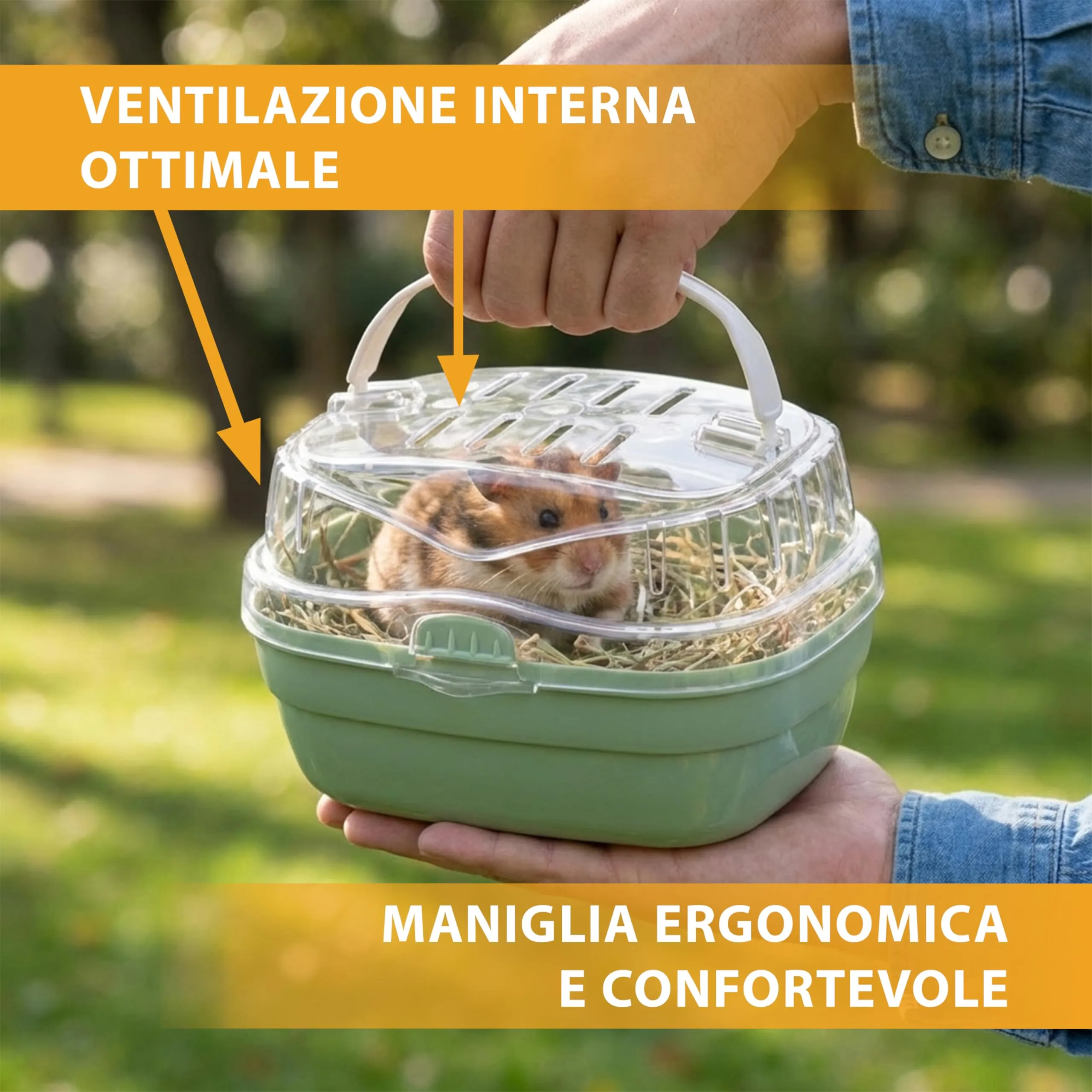 Ferplast Trasportino per criceti e altri piccoli roditori ALADINO SMALL Fessure di ventilazione, Comoda maniglia, Chiusura sicura, 20 x 16 x h 13,5 cm Verde - immagine 5