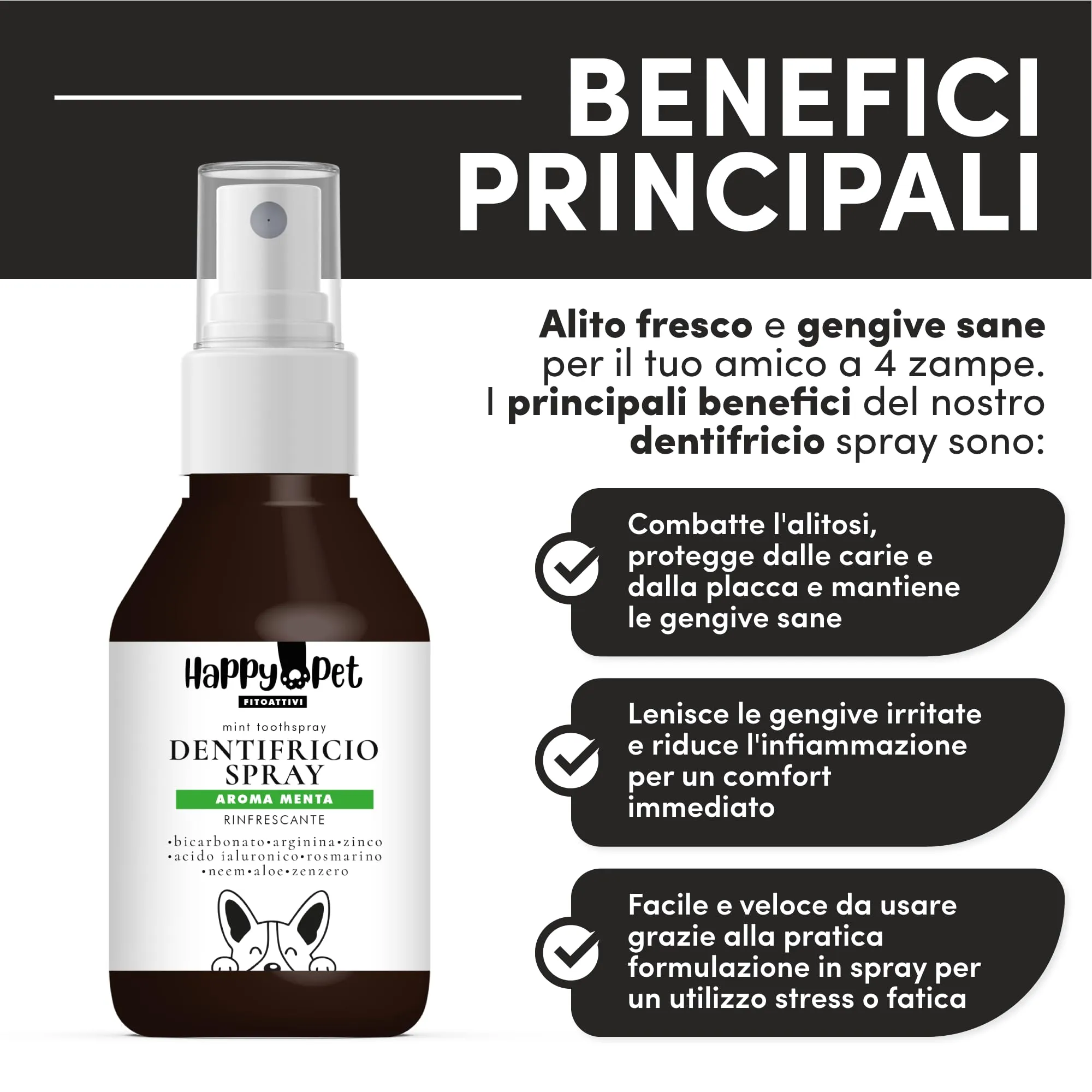 Happy Pet Dentifricio Spray per Cani 150ml – Naturale Antiplacca e Antitartaro – Alito Fresco – Senza Spazzolino – Disponibile in 3 Aromi: Neutro, Menta, Pesca (150ML, Menta) - immagine 4