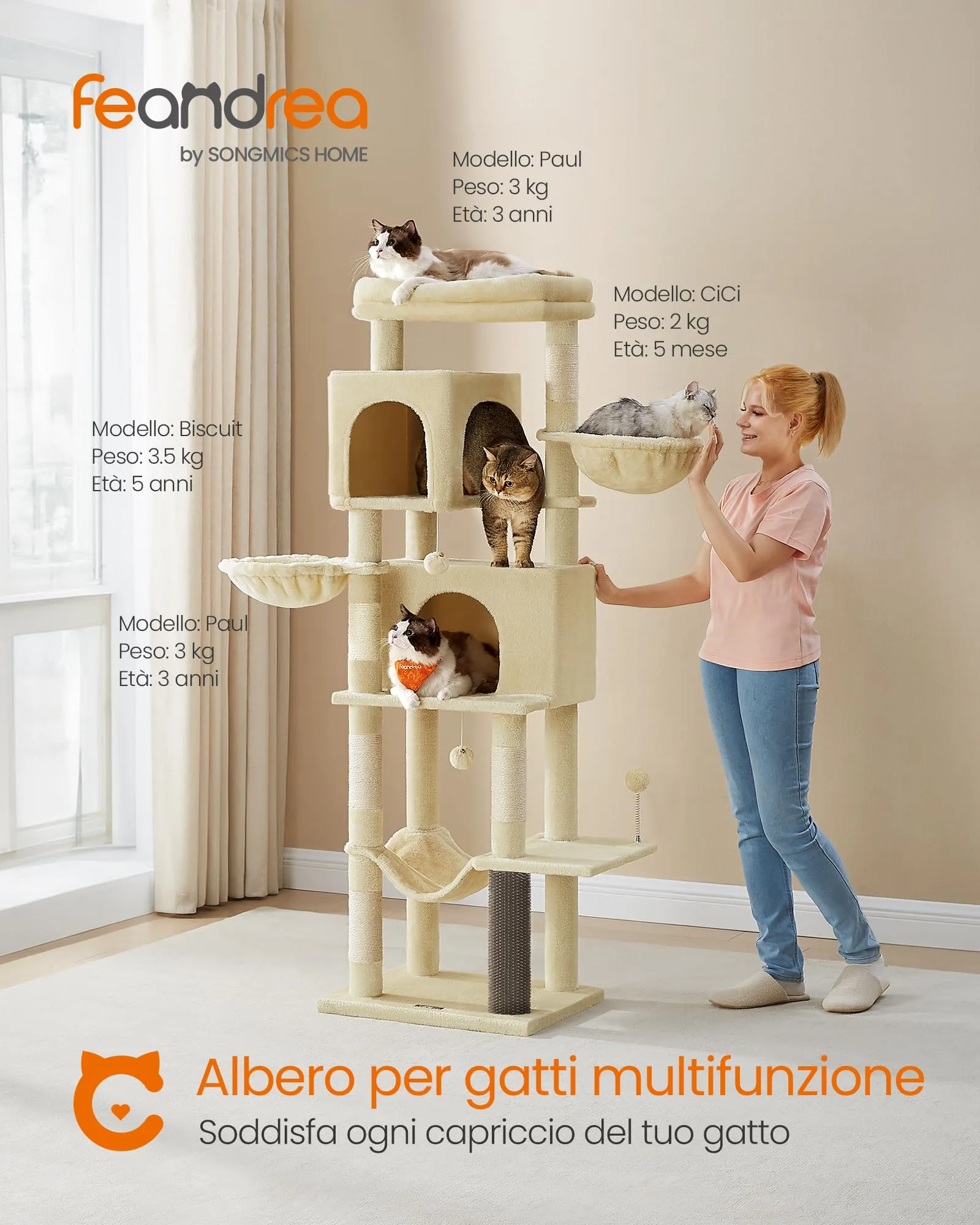 Feandrea Albero per Gatti, Torre Tiragraffi Alto 174 cm, Multilivelli - immagine 2