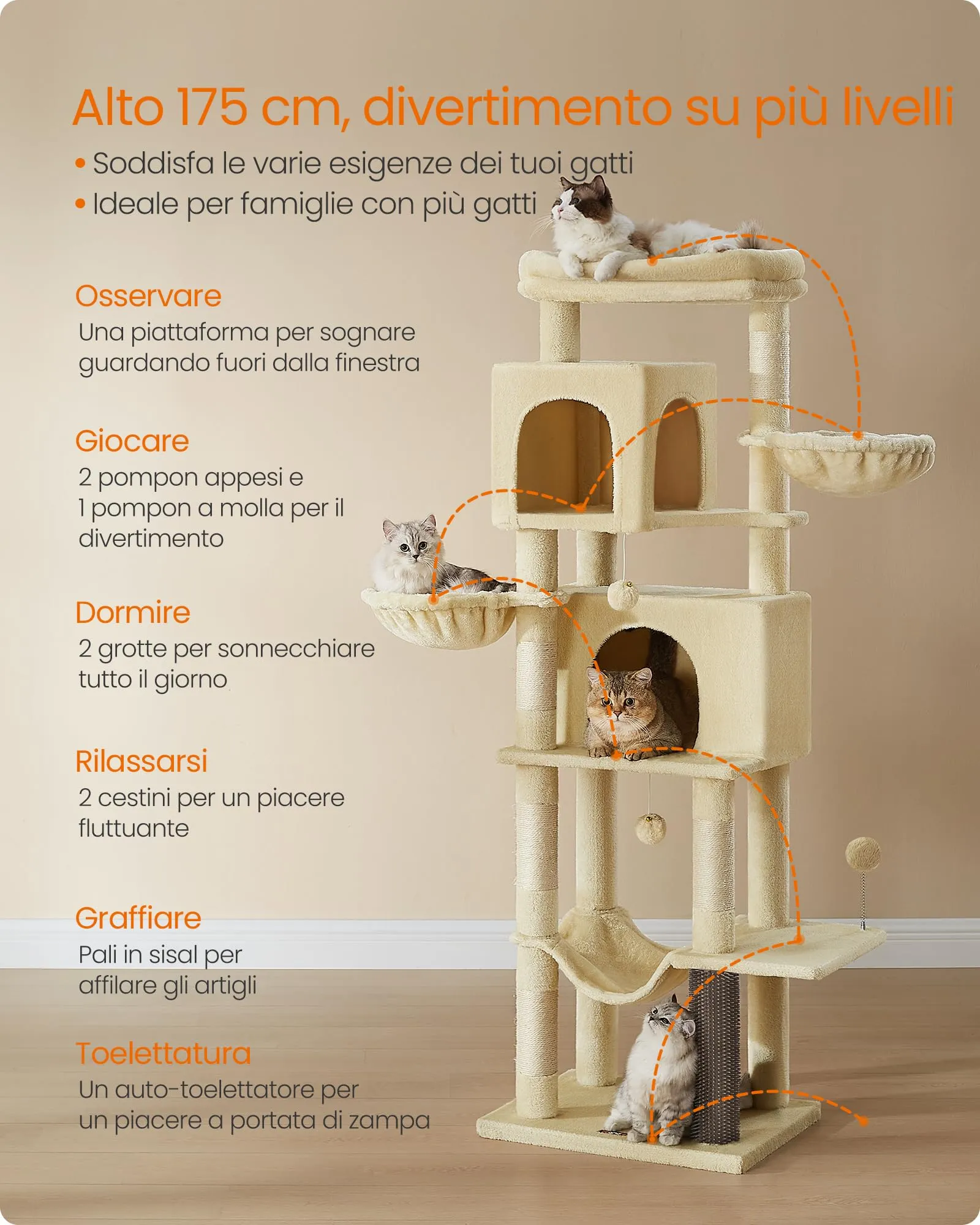 Feandrea Albero per Gatti, Torre Tiragraffi Alto 174 cm, Multilivelli - immagine 3