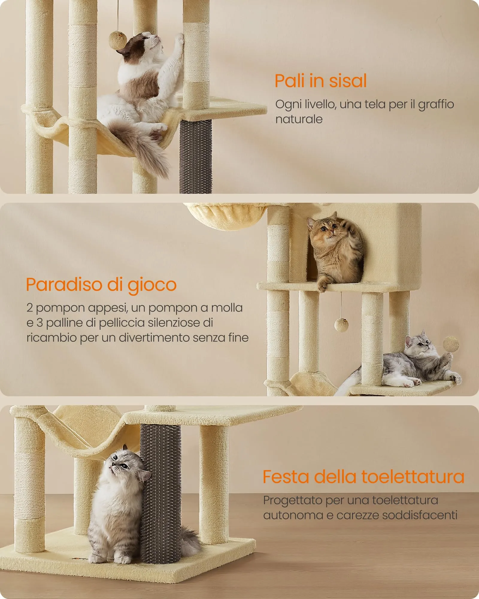 Feandrea Albero per Gatti, Torre Tiragraffi Alto 174 cm, Multilivelli - immagine 5