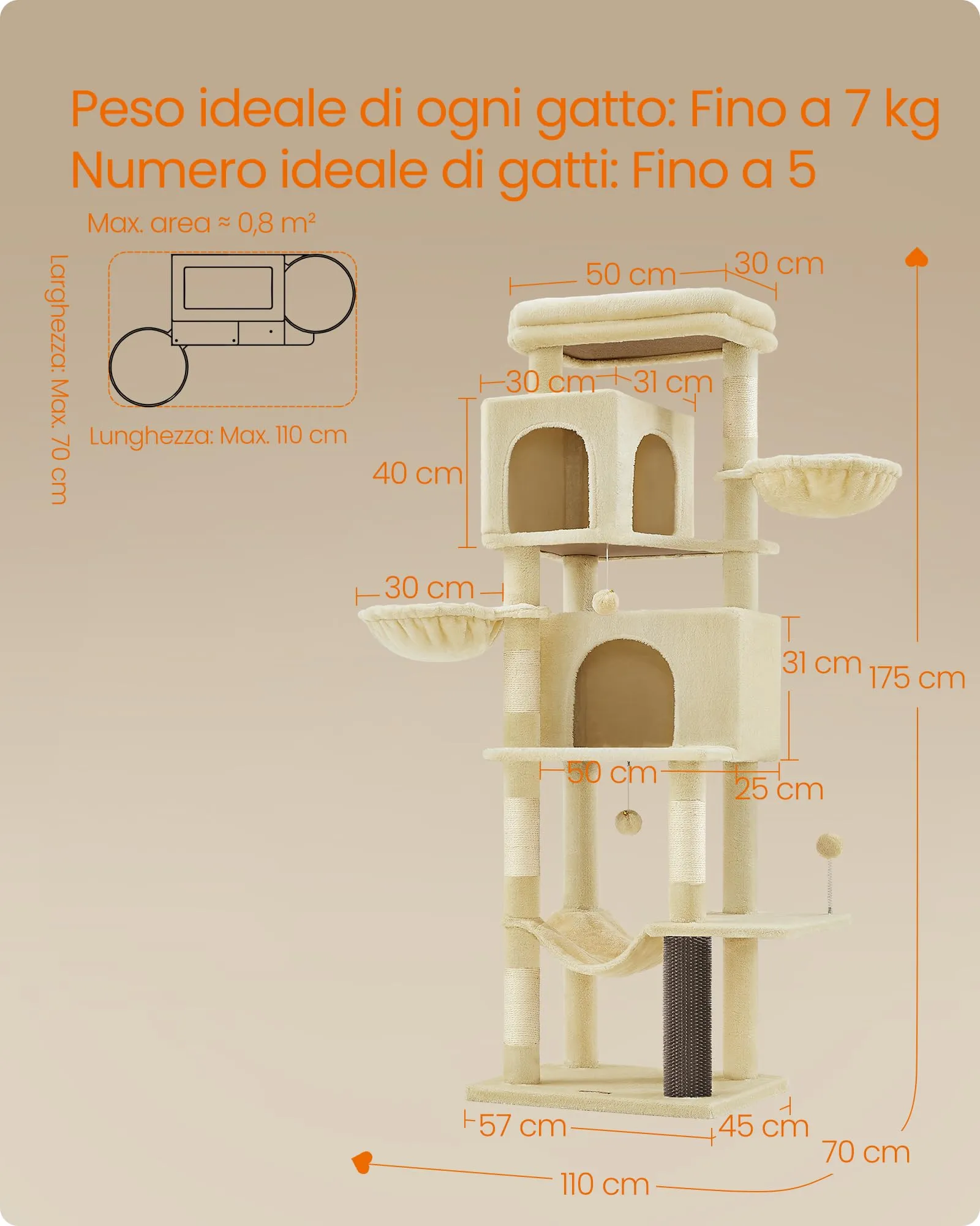 Feandrea Albero per Gatti, Torre Tiragraffi Alto 174 cm, Multilivelli - immagine 6
