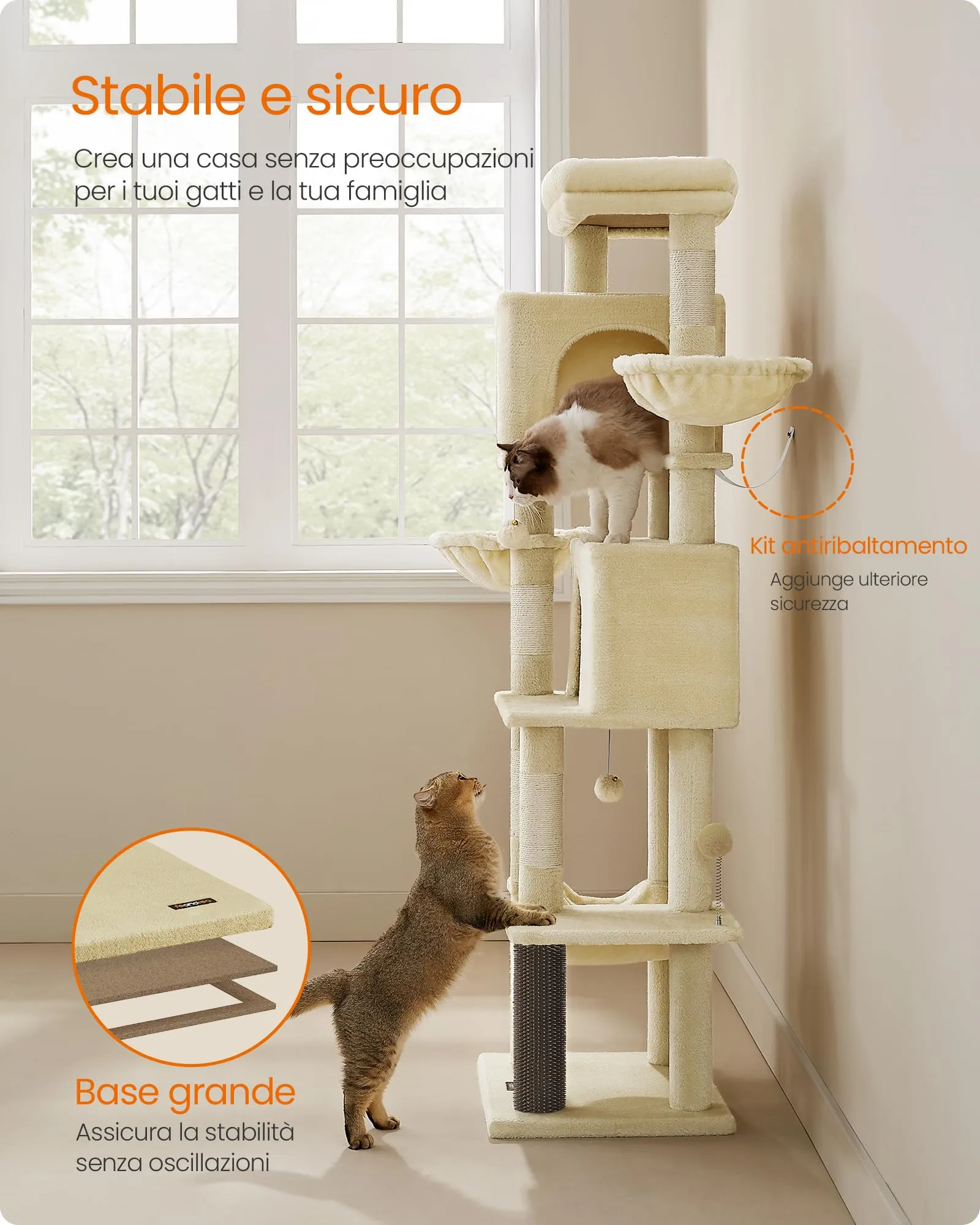 Feandrea Albero per Gatti, Torre Tiragraffi Alto 174 cm, Multilivelli - immagine 7
